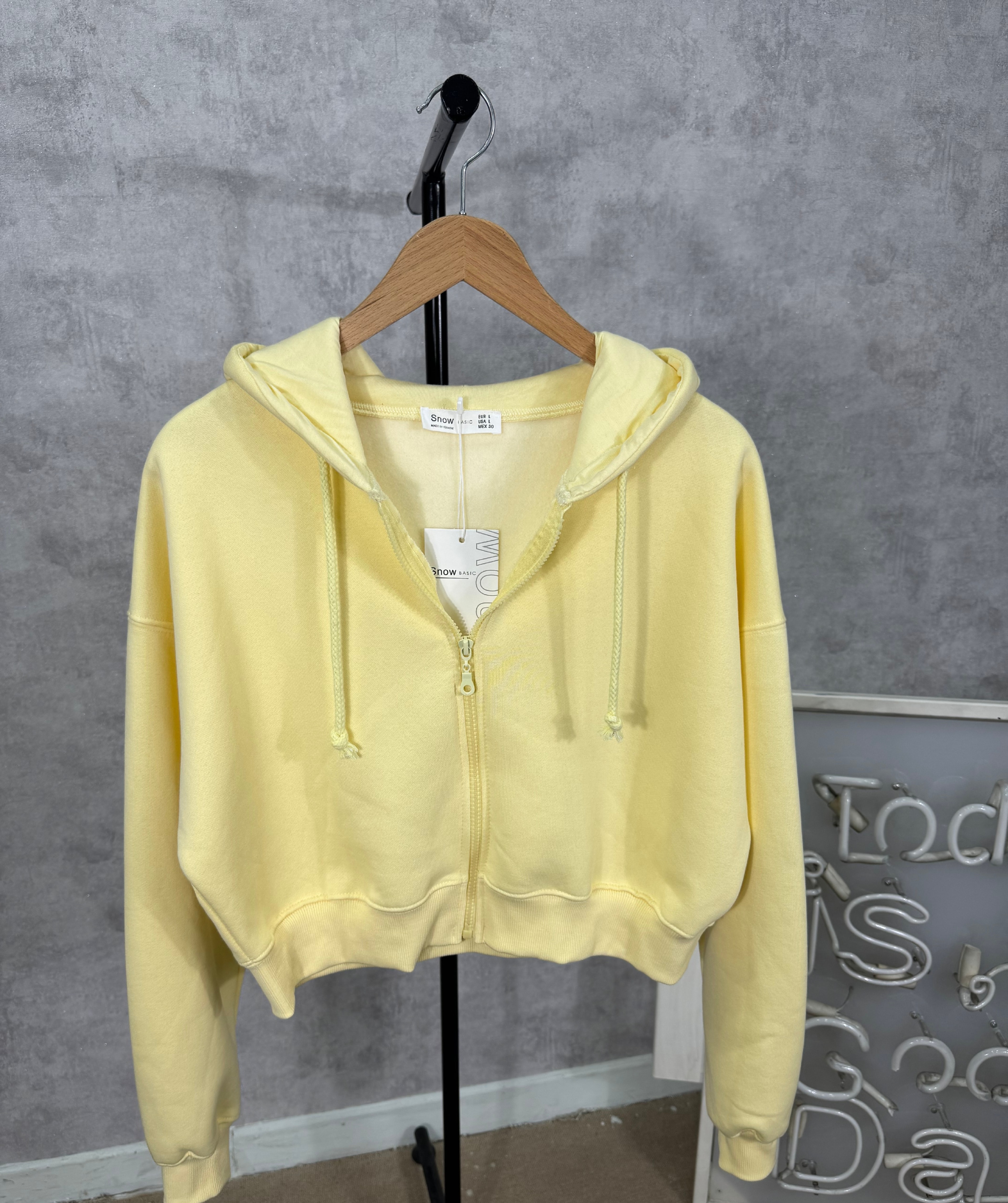 Kanguru Cep Fermuarlı Crop Sweatshirt - sarı