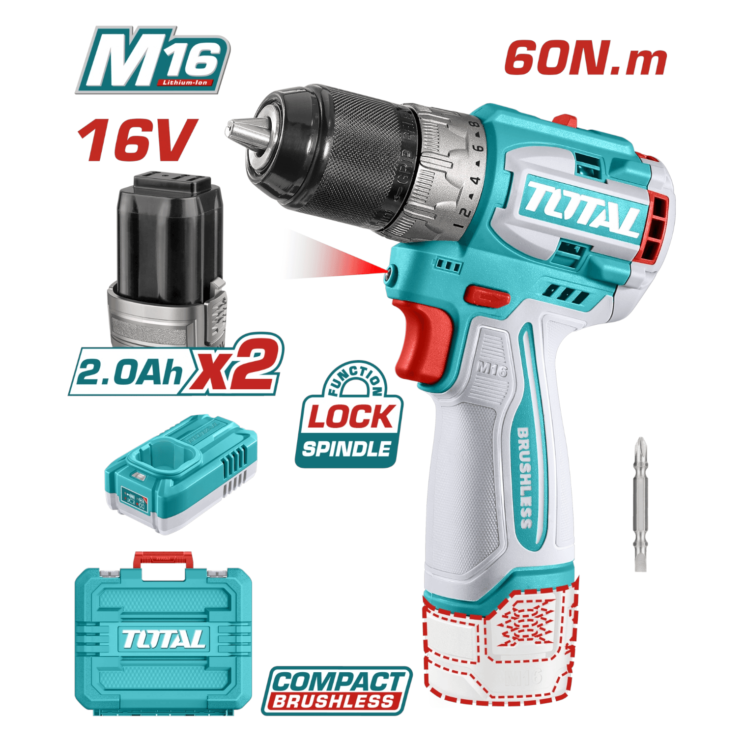 TOTAL Akülü Kömürsüz Şarjlı Matkap 16V -TDLI16682