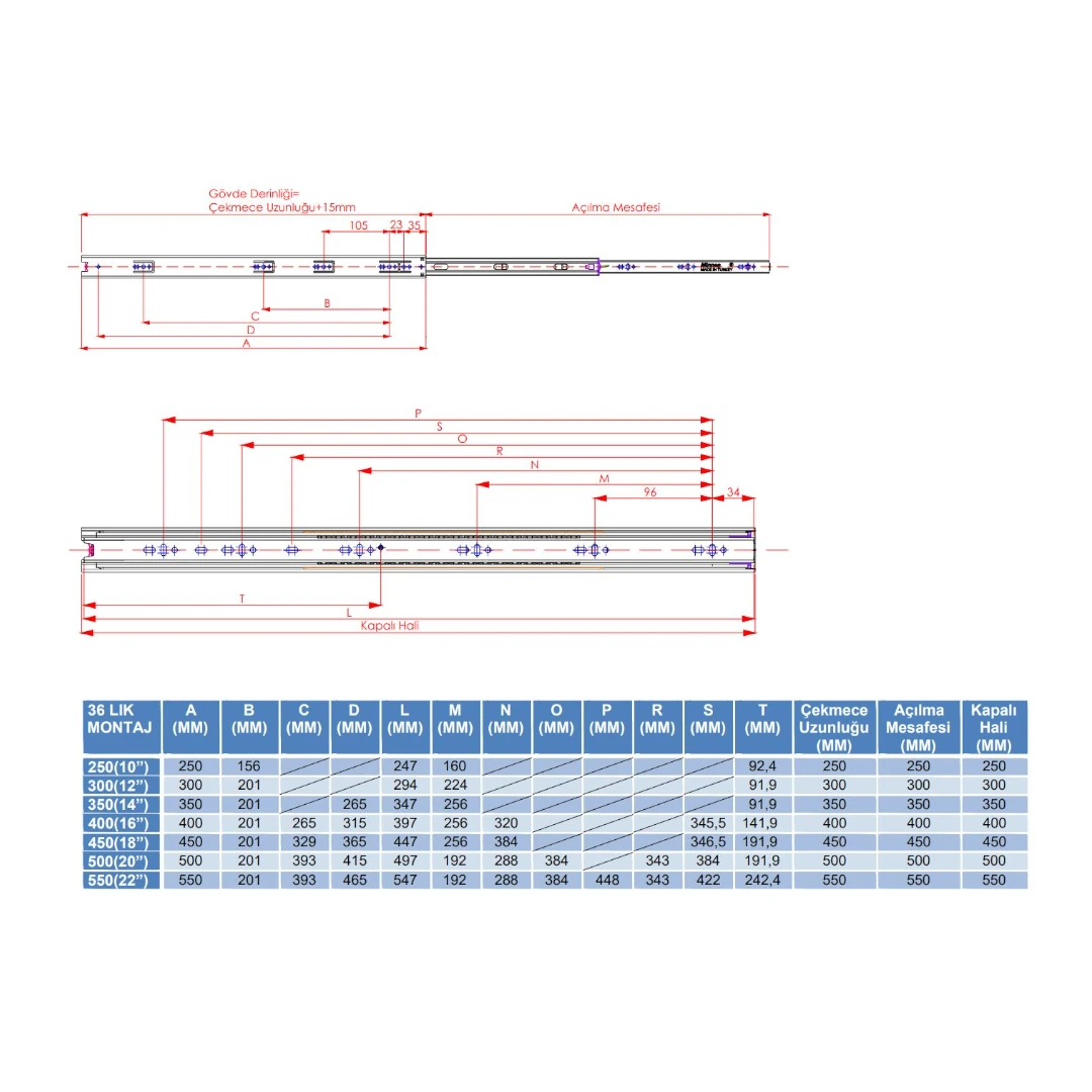 Minnes 36mm Dar Teleskopik Bilyalı Çekmece Rayı