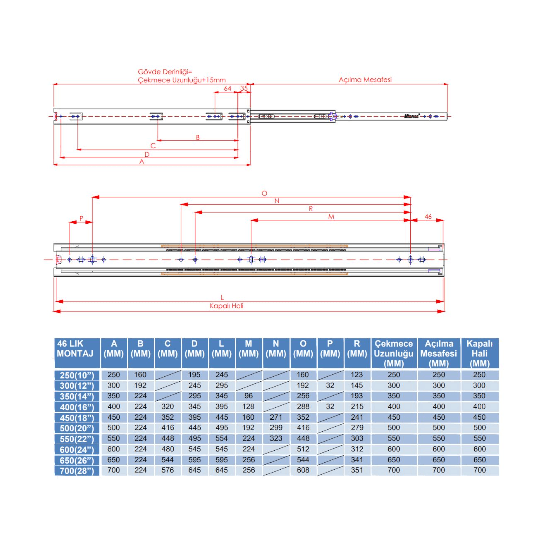 Minnes 46mm Geniş Teleskopik Çekmece Rayı 50cm (Bas Aç)