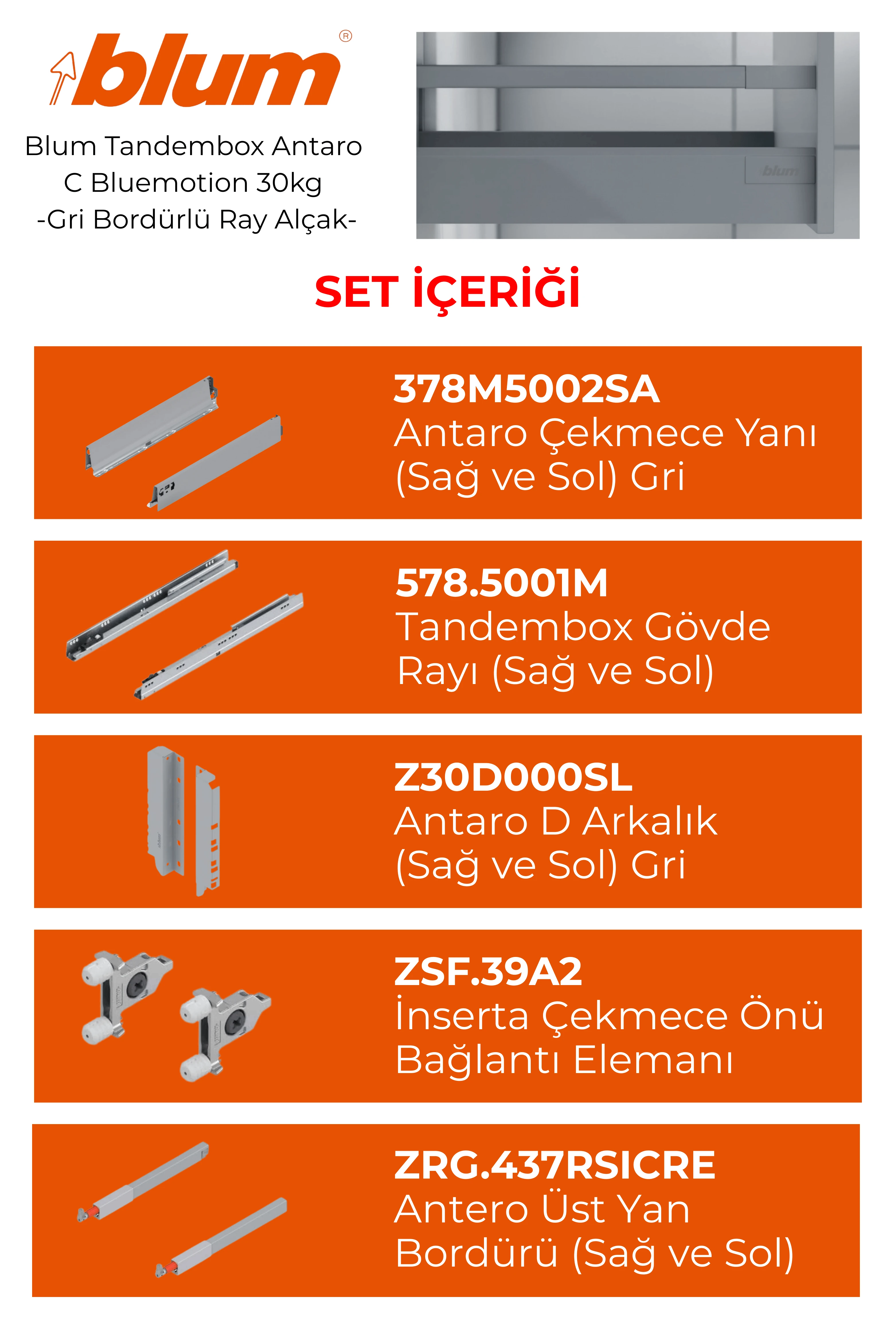 Blum Antoro Gri Çekmece Rayı Tek Bordürlü Alçak