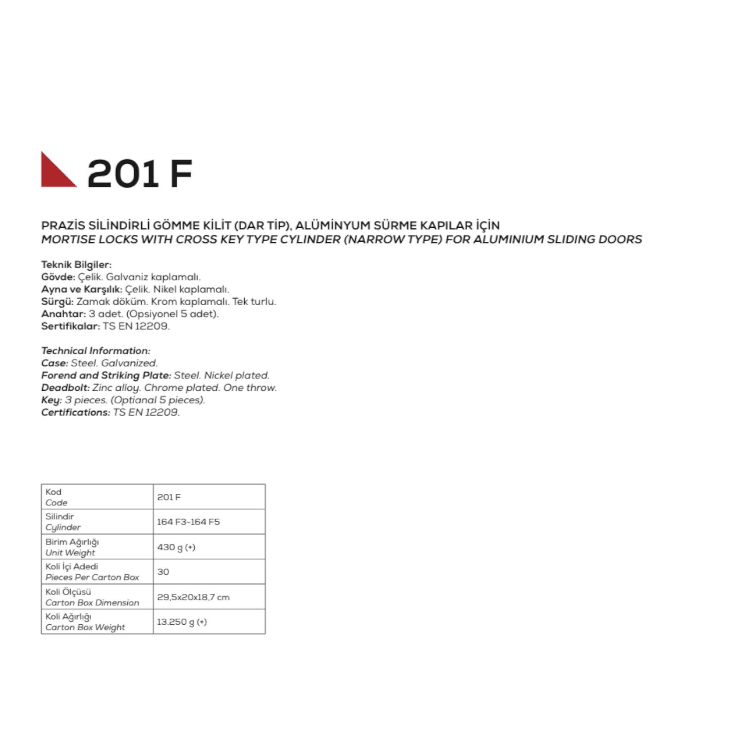 Kale Kilit 201F-20mm Silindirli Sürme Kapı Kilidi