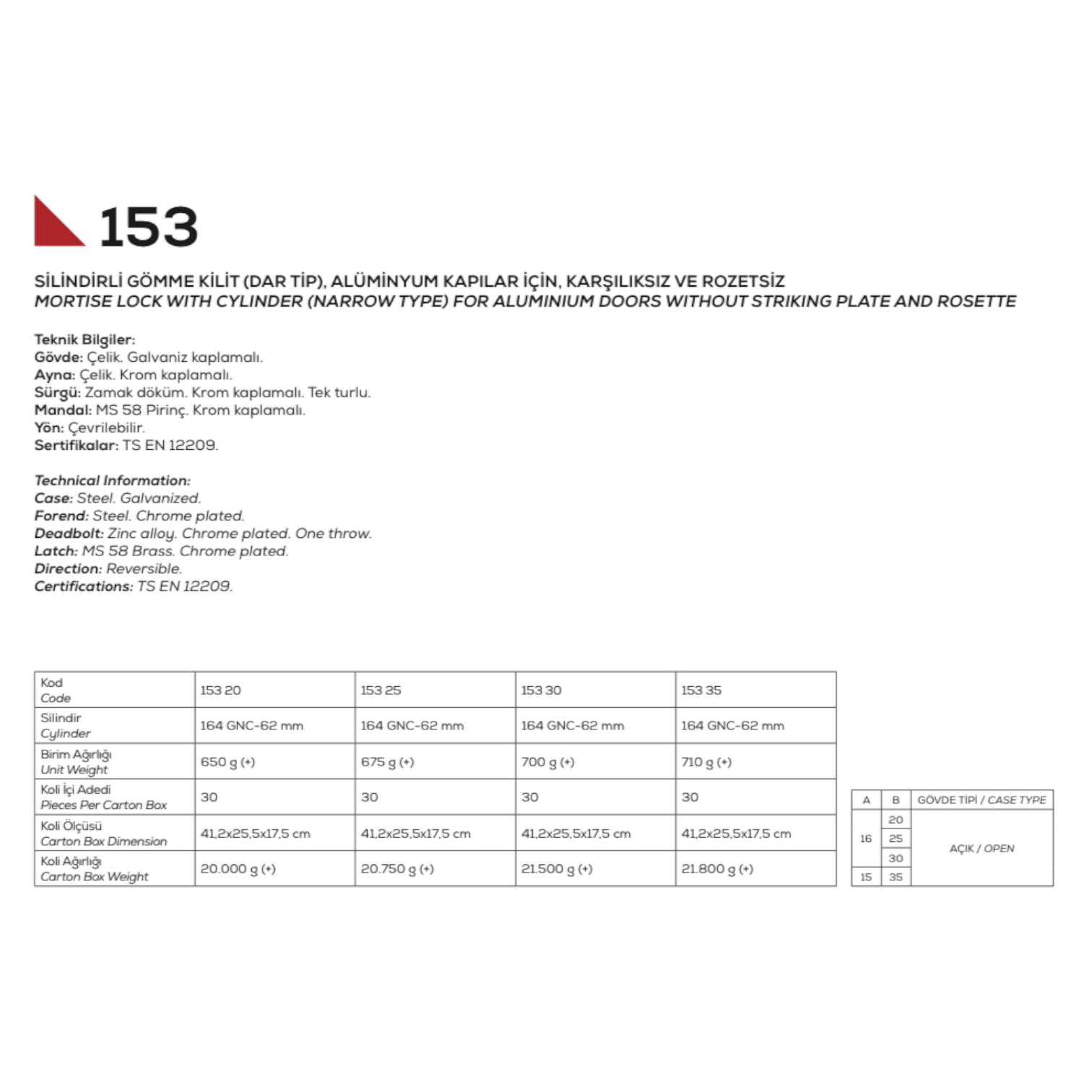 Kale Kilit Alüminyum 153U-20mm Nikel Dilli Kilit