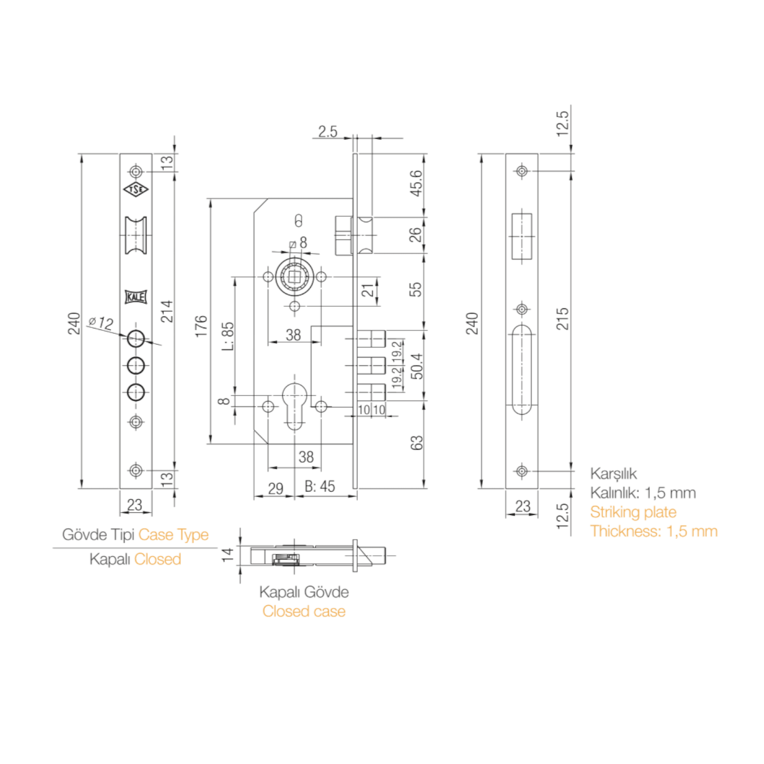 Kale Kilit M-2000 45mm Nikel (Kare) Çelik Dış Kapı Kilidi