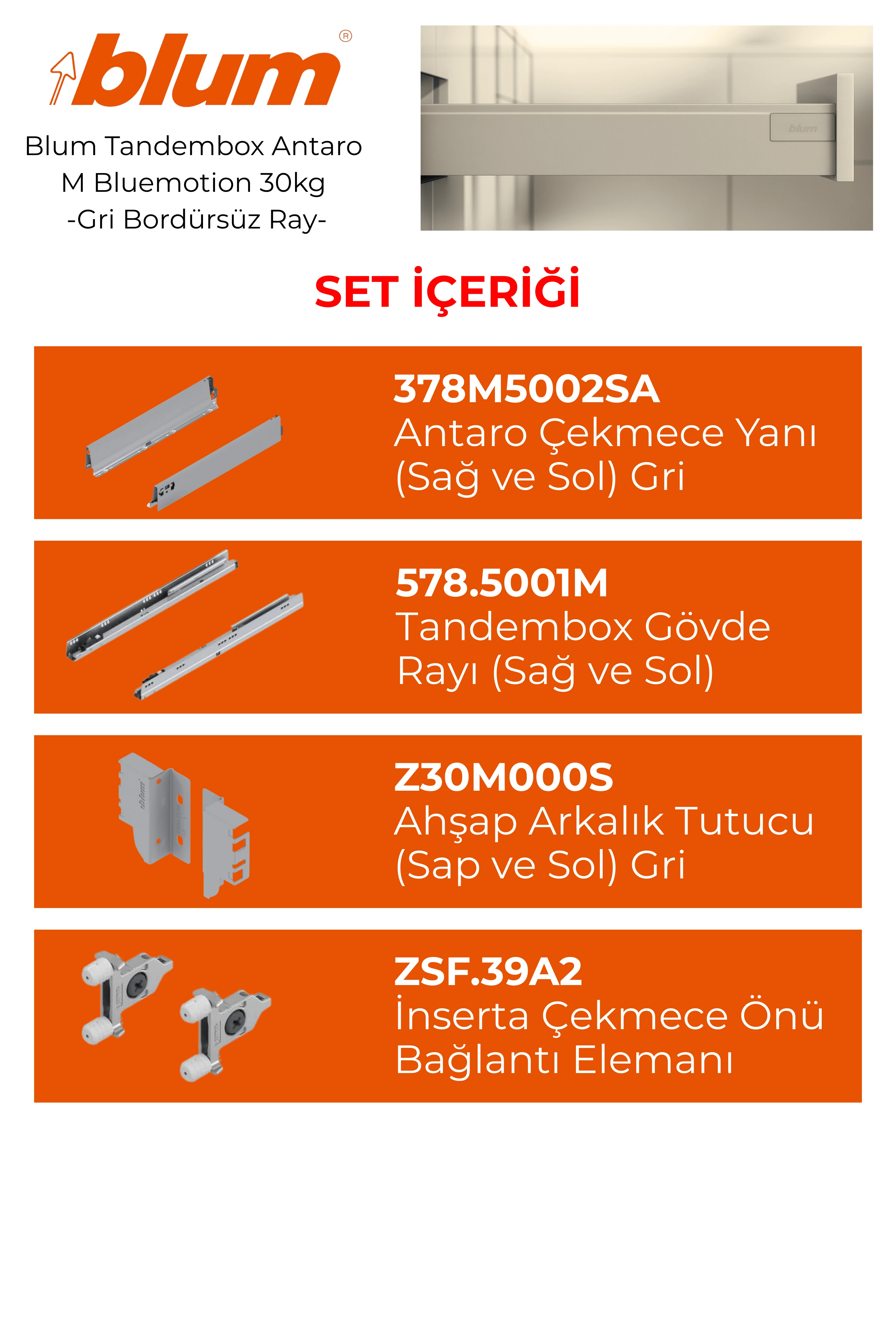 Blum Antoro Gri Çekmece Rayı Bordürsüz