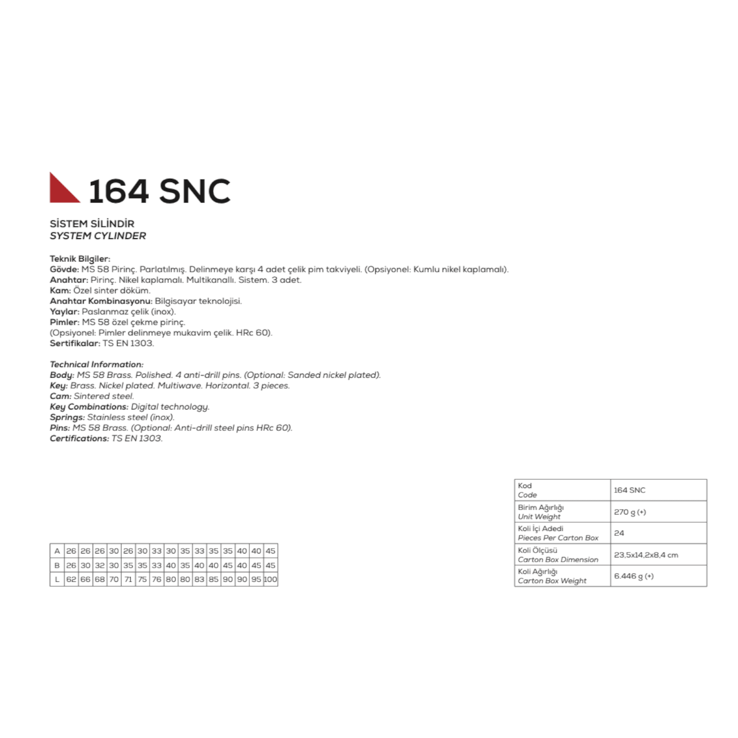 Kale Kilit 164 SNC Standart Çelik Pimli Barel 68mm