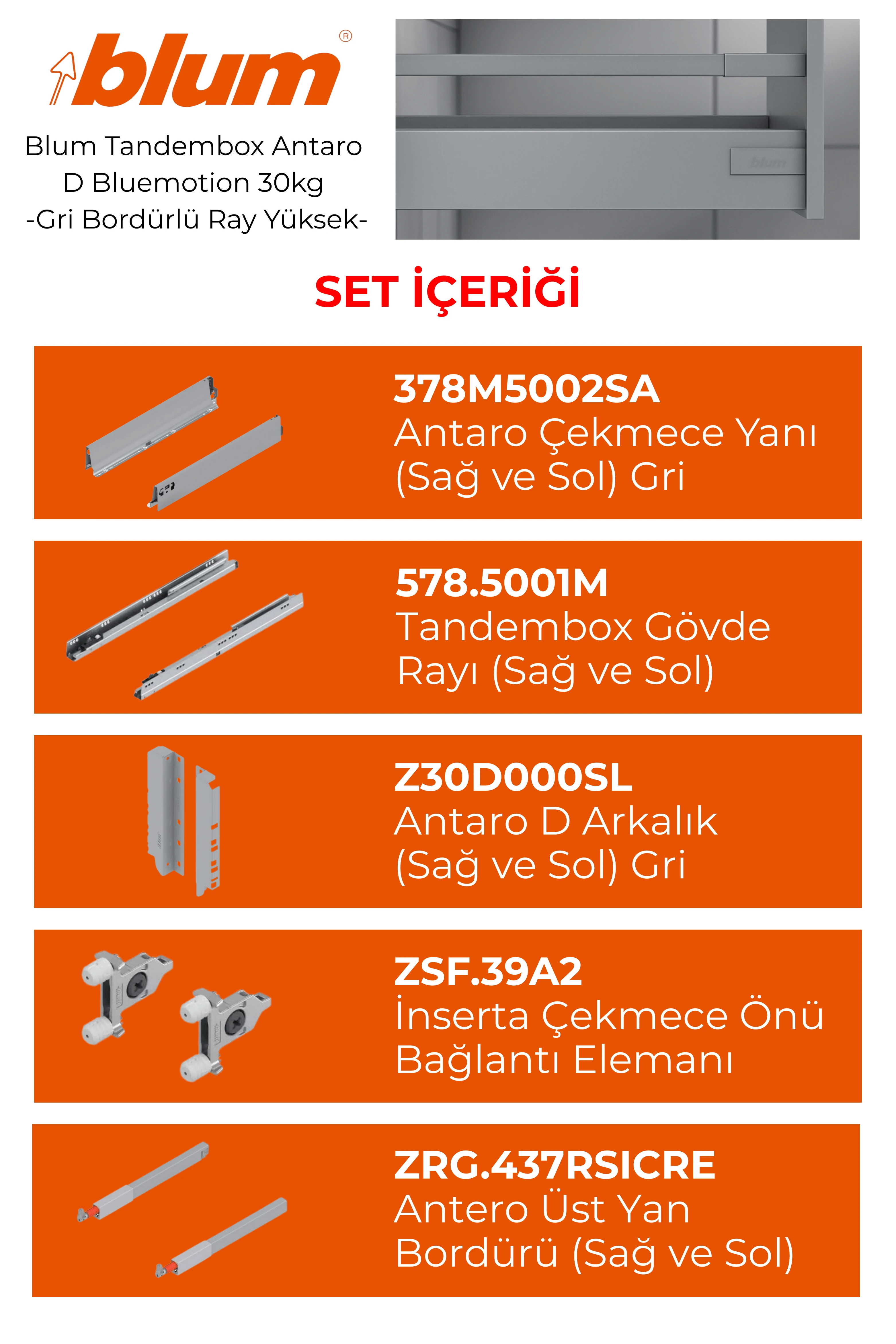 Blum Antoro Gri Çekmece Rayı Tek Bordürlü Yüksek