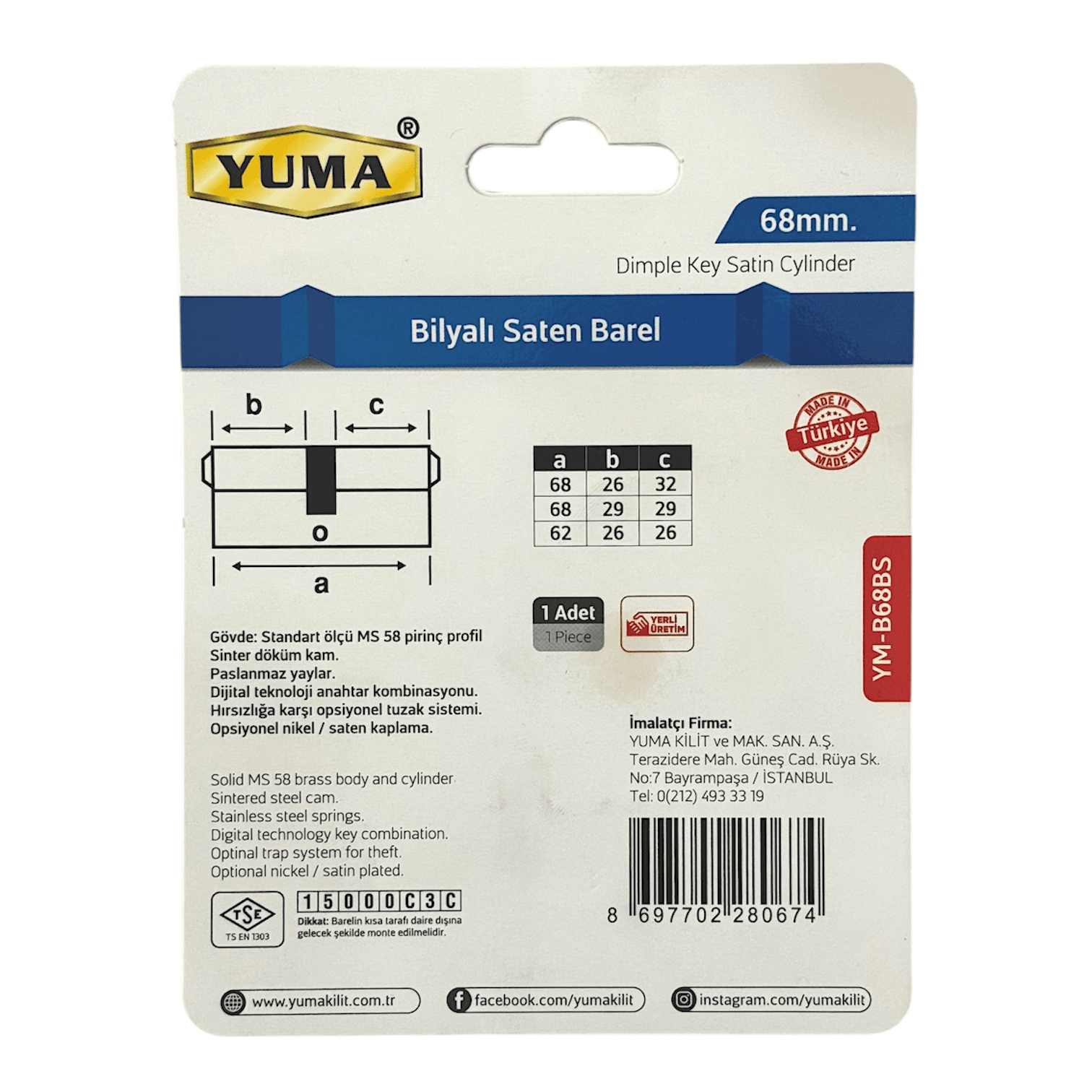Yuma Standart Pirinç Bilyalı Saten Barel 68mm YM-B68BS