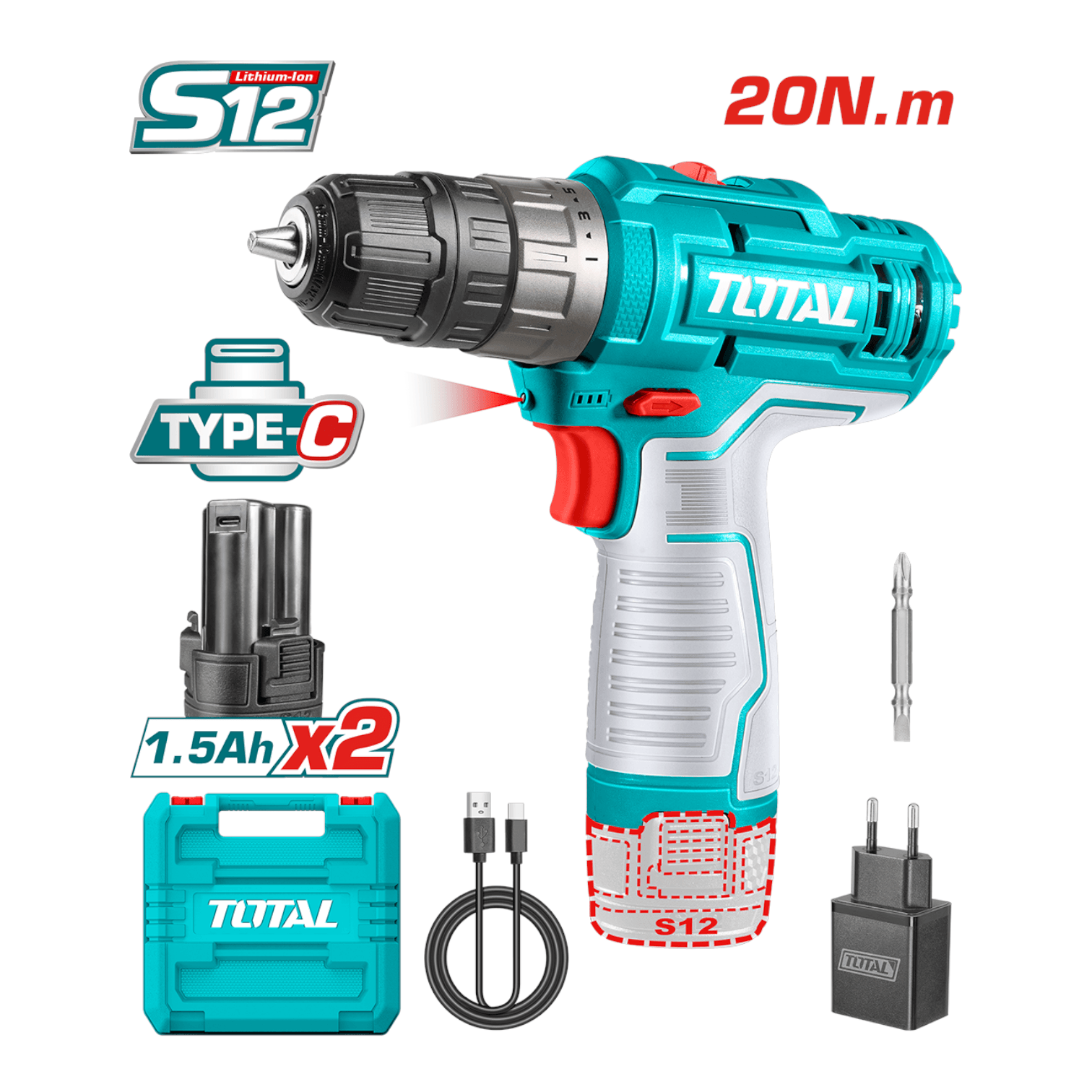 TOTAL Darbesiz Akülü Matkap Type-C Lion 12V 1,5Ah -TDLI22028