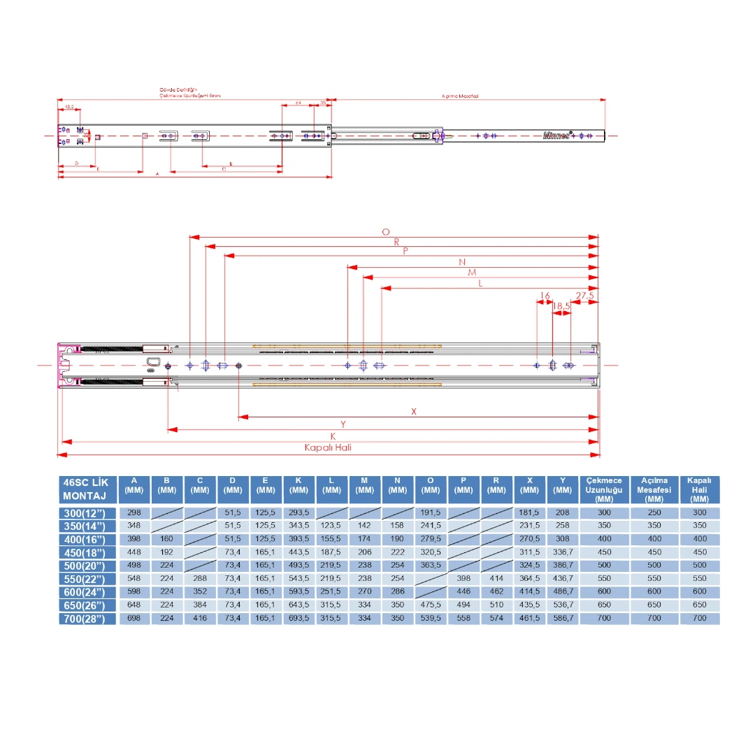 Minnes 46mm Frenli Teleskopik Bilyalı Çekmece Rayı