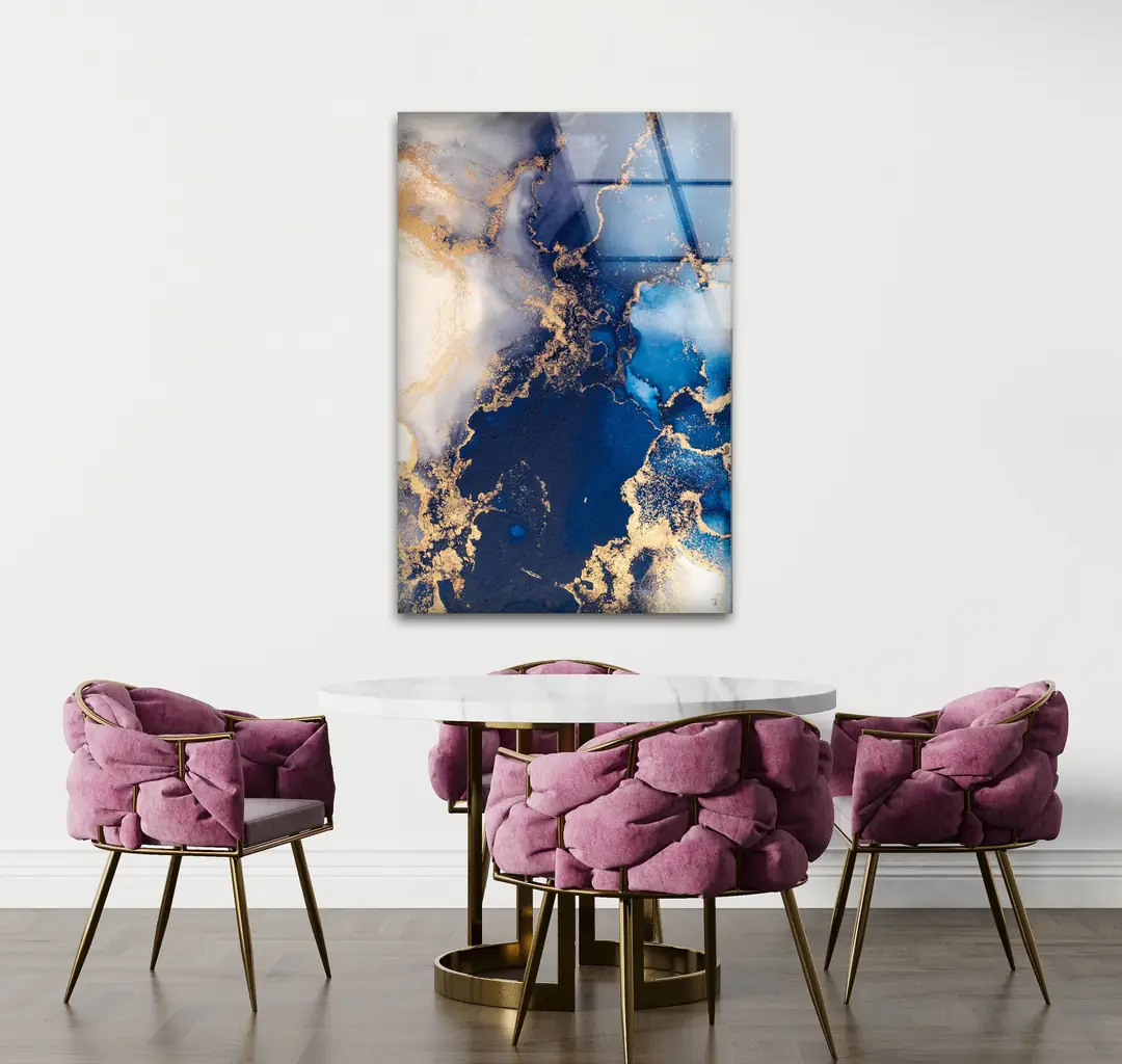 Blue Gold Marble Glass Wall Art