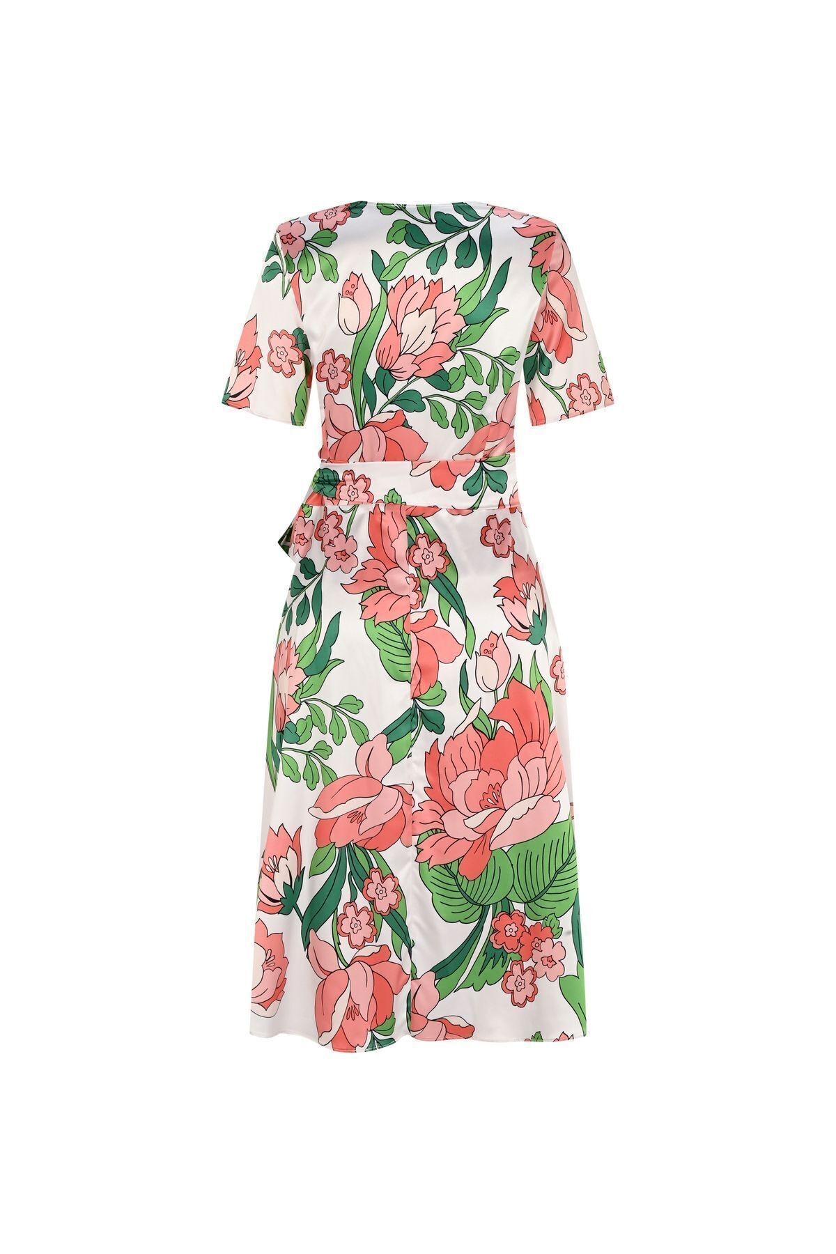 Kadın Çiçek Desenli Kuşaklı Kruvaze Elbise FRN30383 - Pink