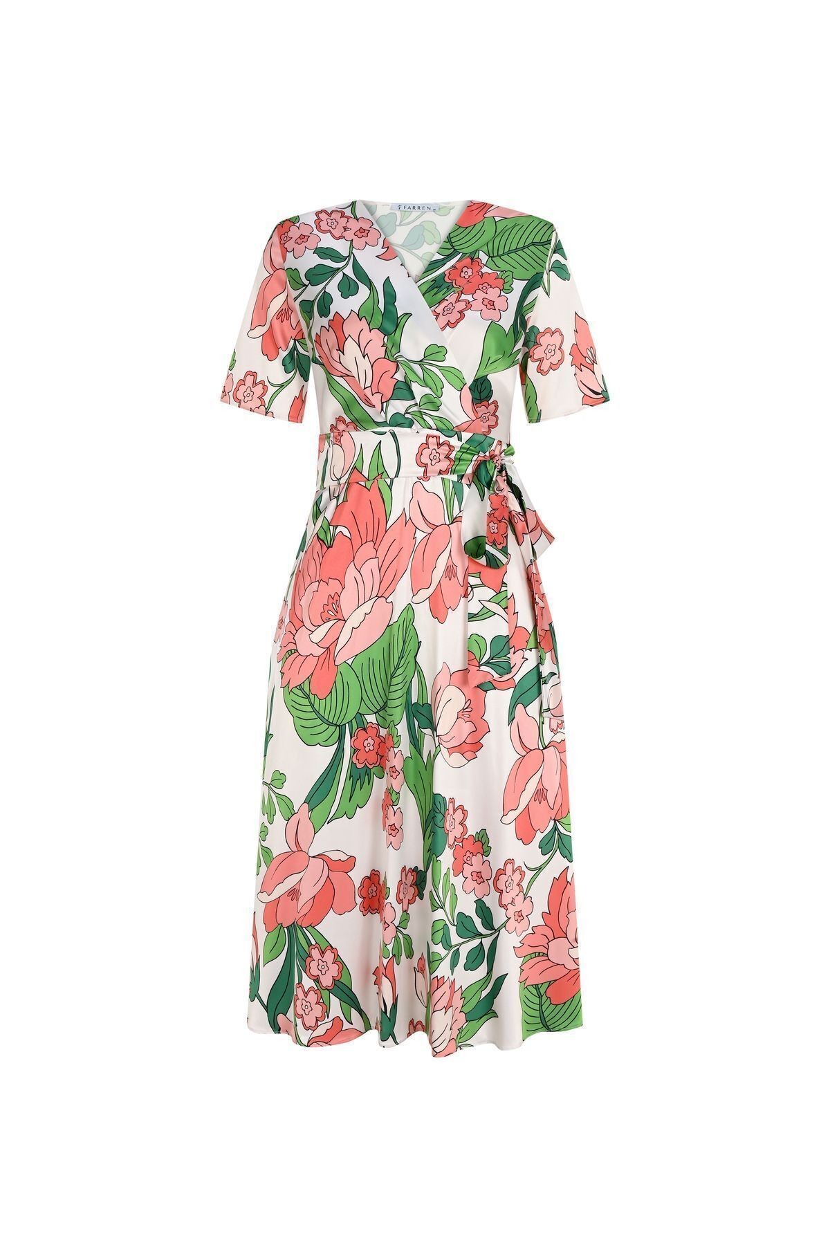 Kadın Çiçek Desenli Kuşaklı Kruvaze Elbise FRN30383 - Pink