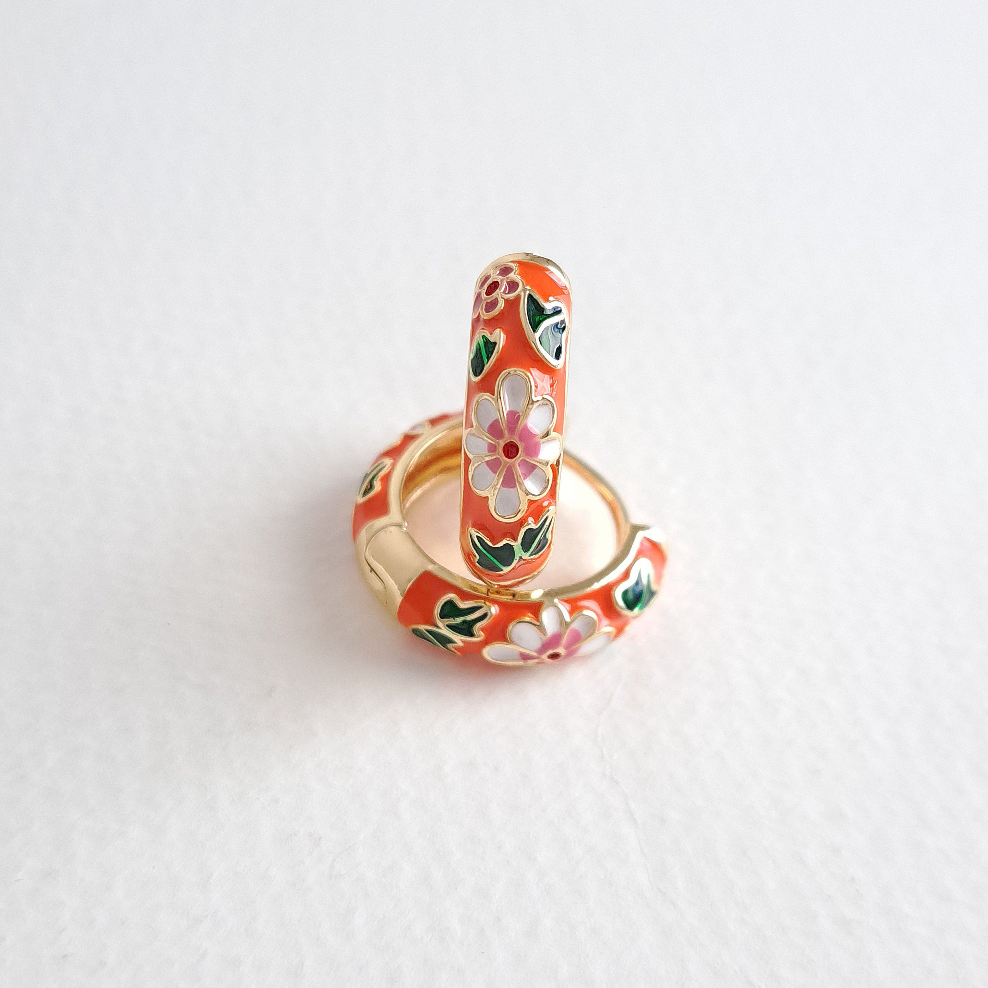 Enamel Floral Huggie Earrings – Orange