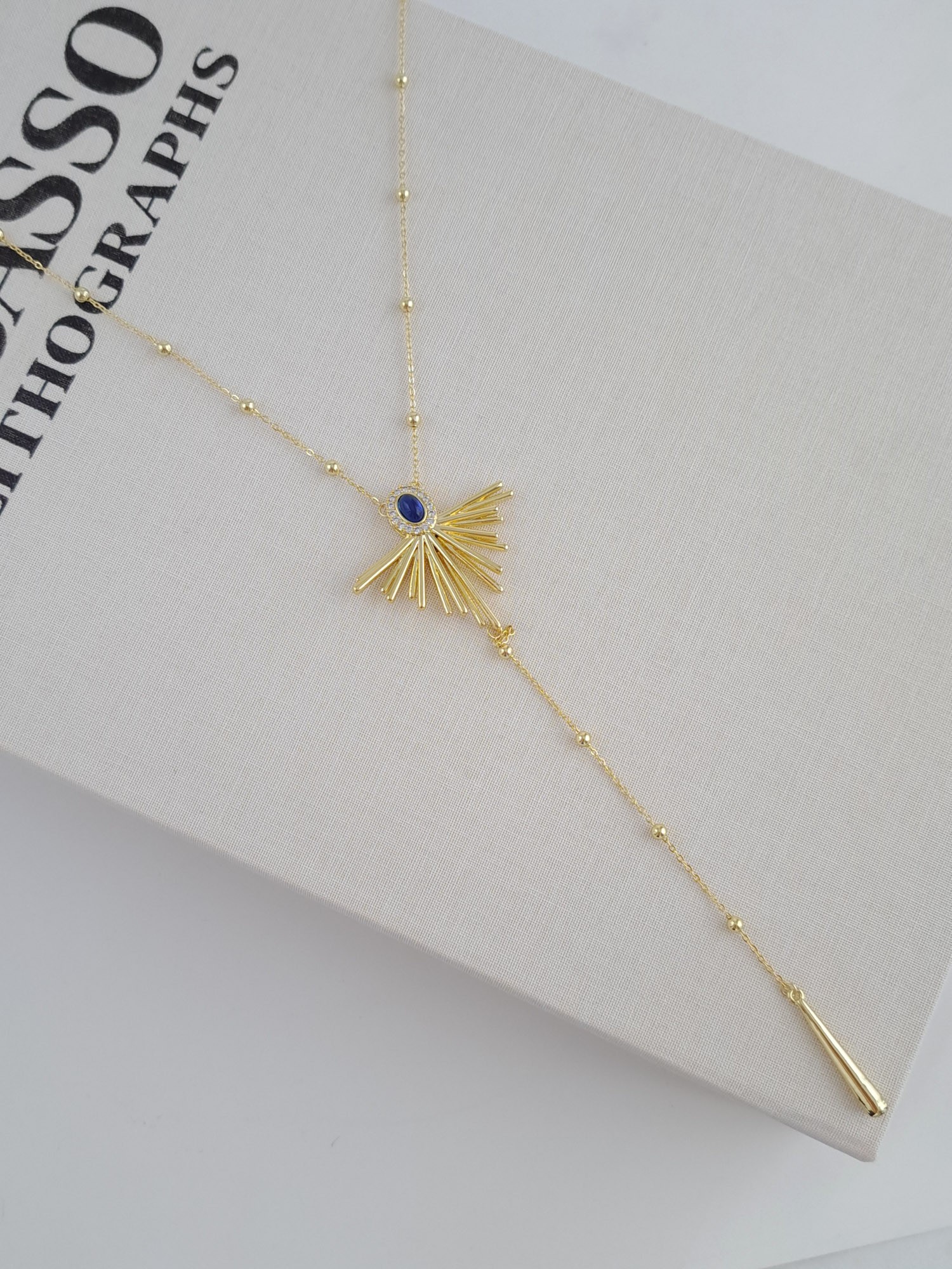Sunburst Y Necklace with Blue Stone