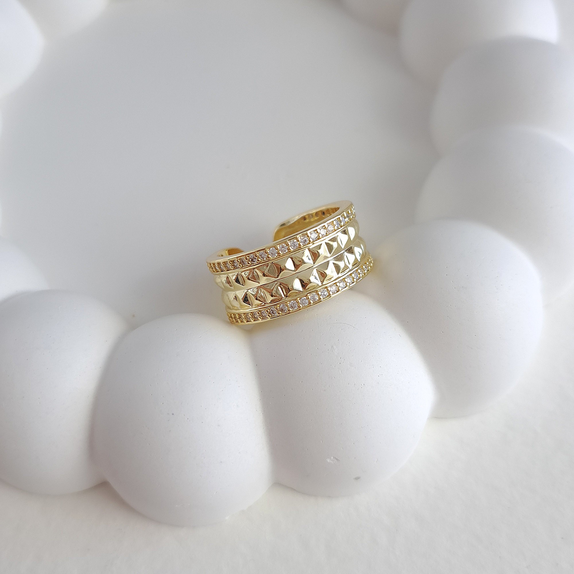 Gold-Tone Wide Ring with Studded Center