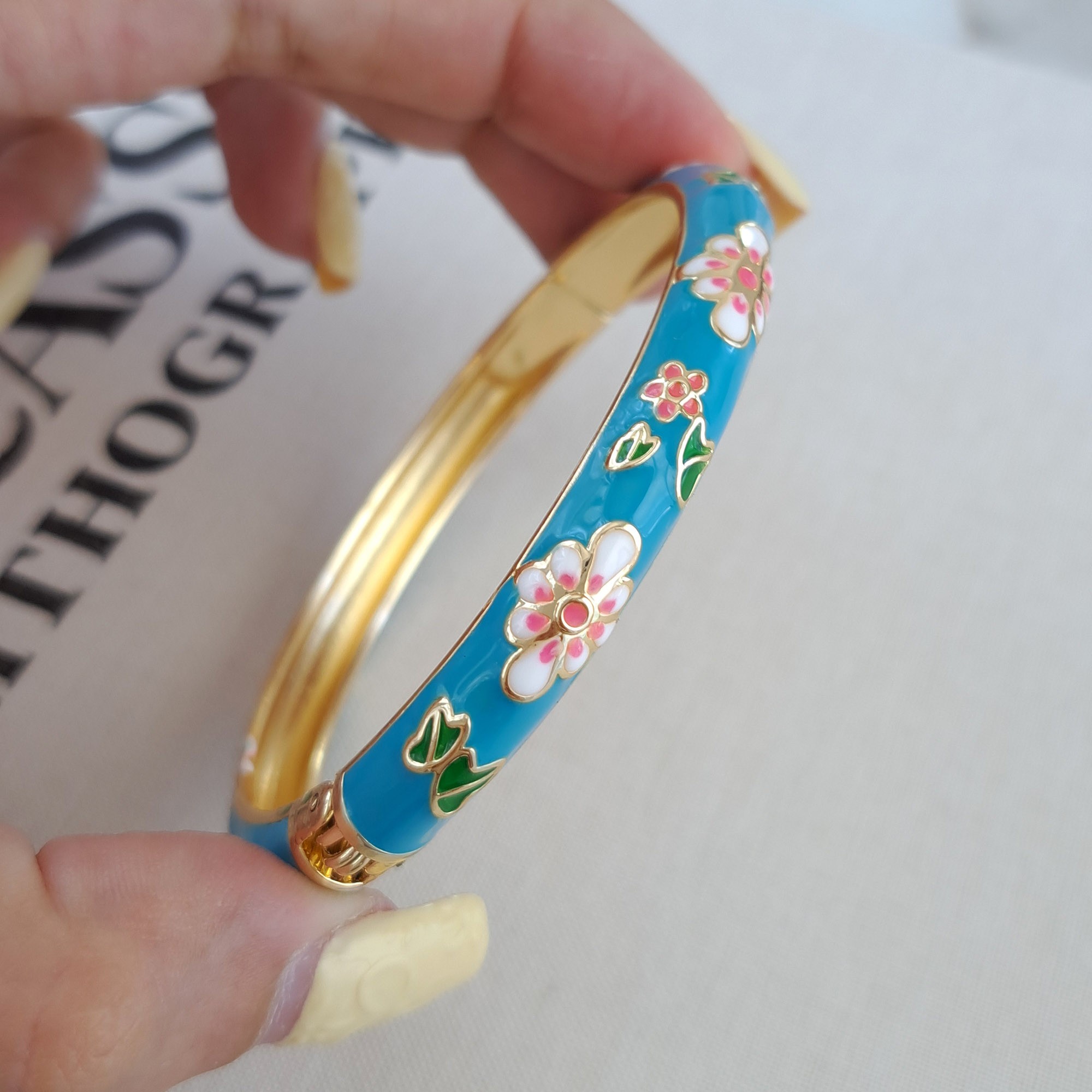 Blue Enamel Bracelet with White Flowers