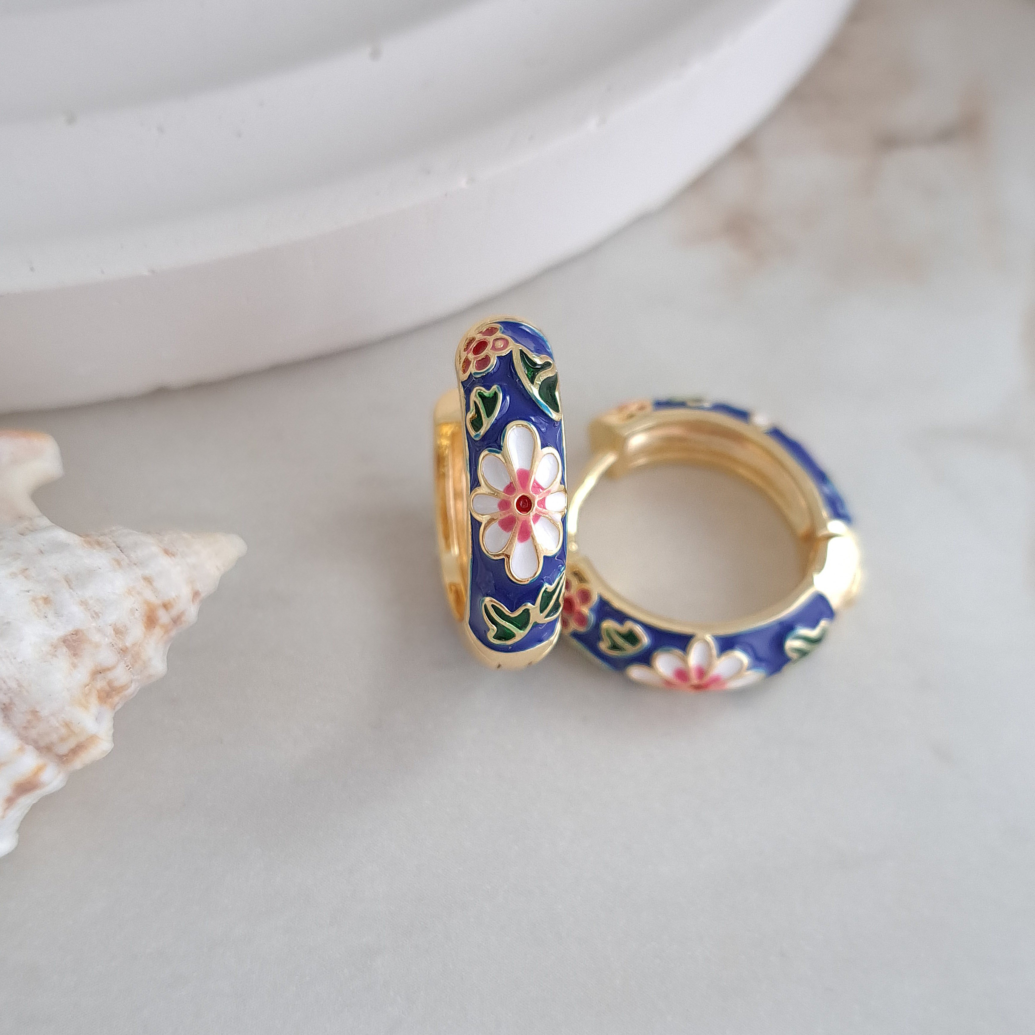 Enamel Floral Huggie Earrings – Navy Blue