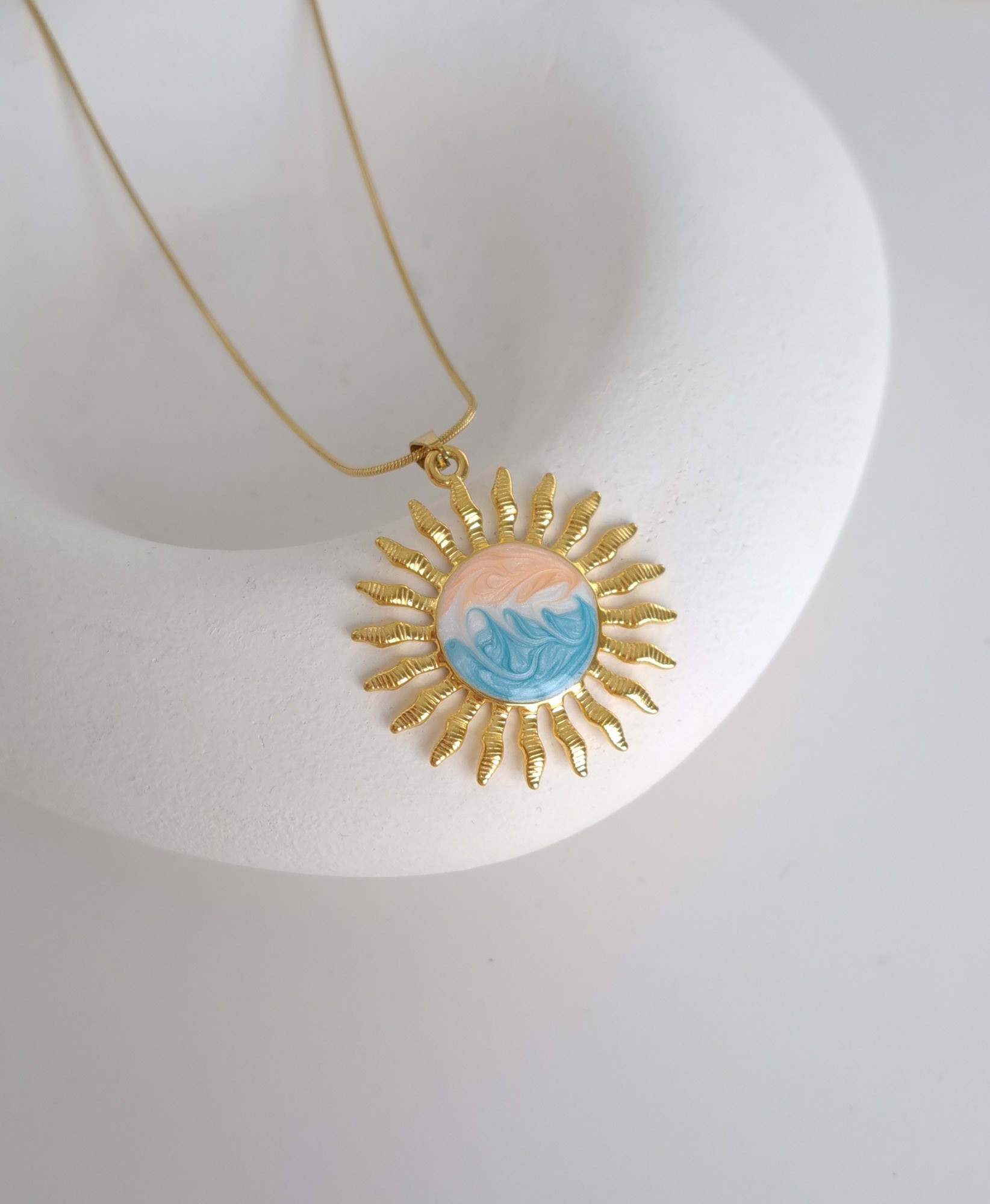 Sunshine Burst Necklace – Enamel Peach & Blue