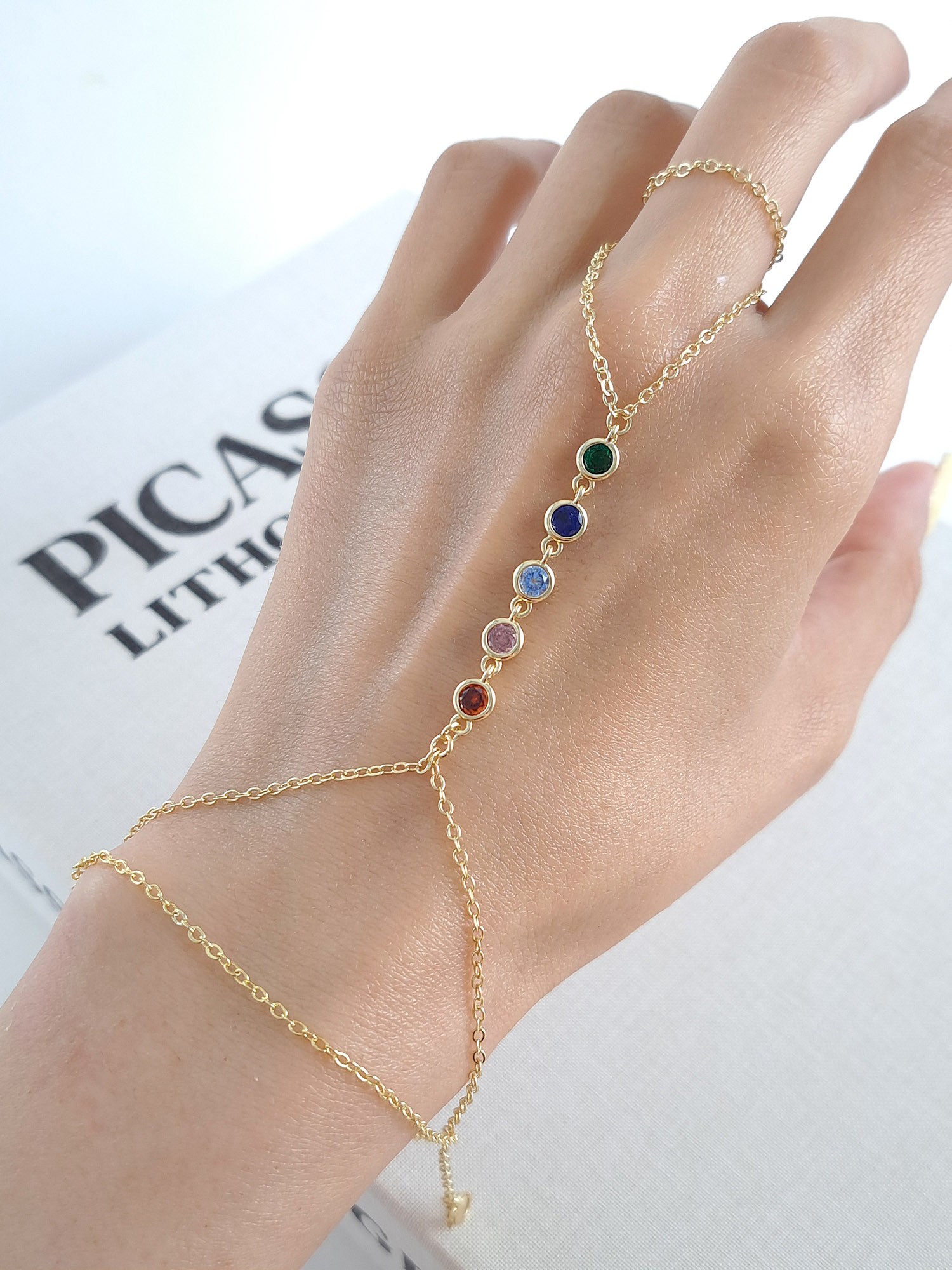 Multicolor Stone Gold Finger Chain Bracelet (shahmaran)