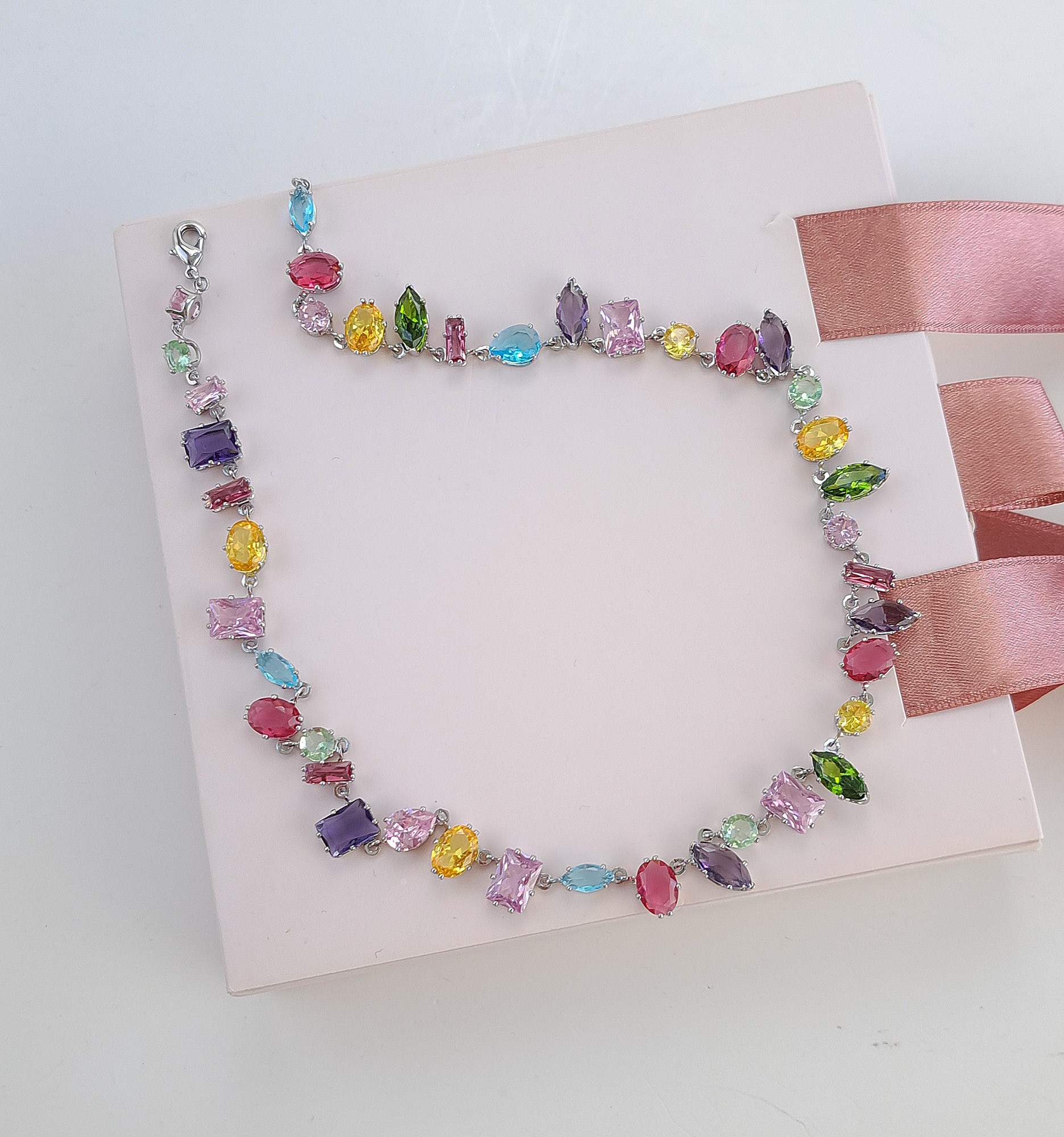 Multicolor Stone Necklace (Silver Base)