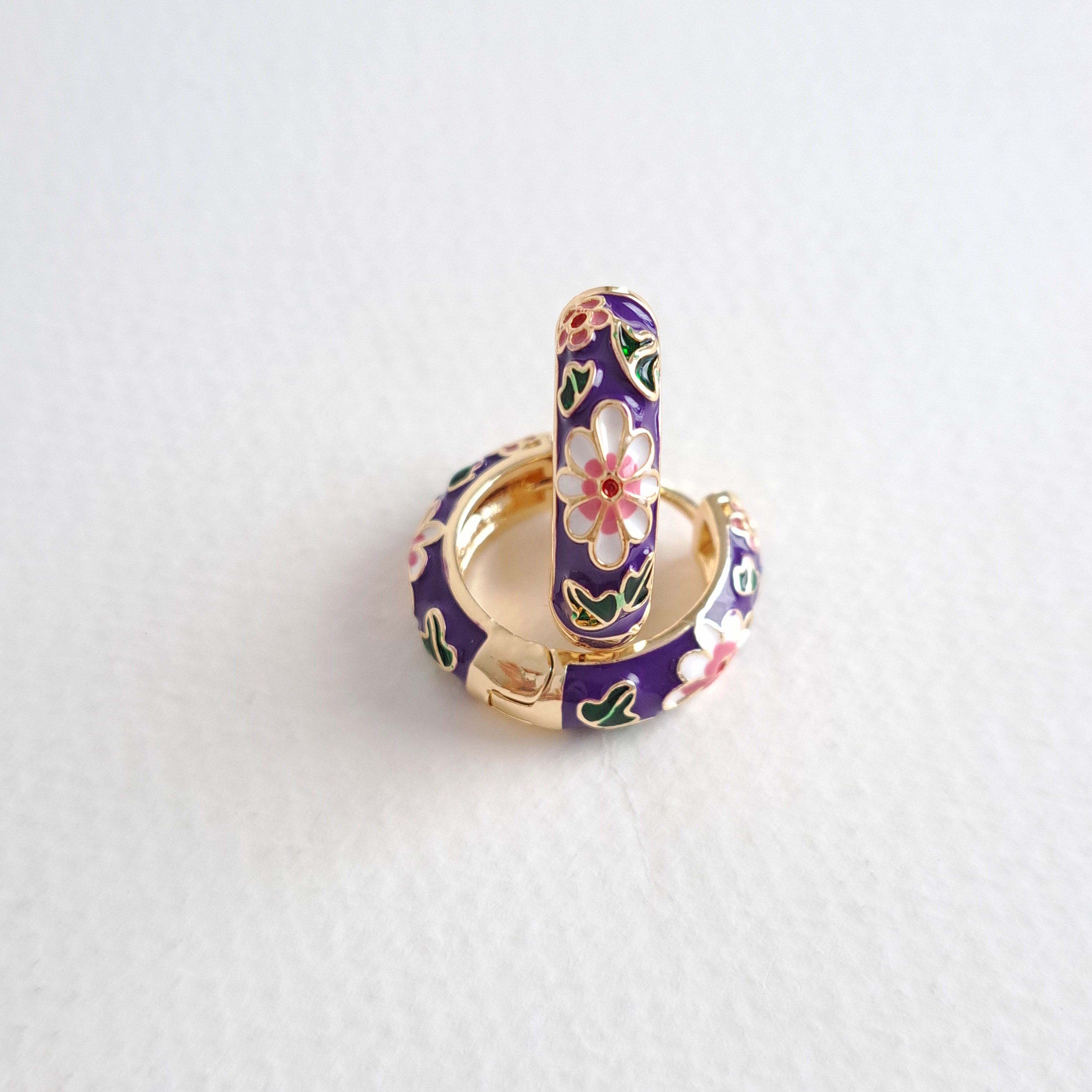 Enamel Floral Huggie Earrings – Purple