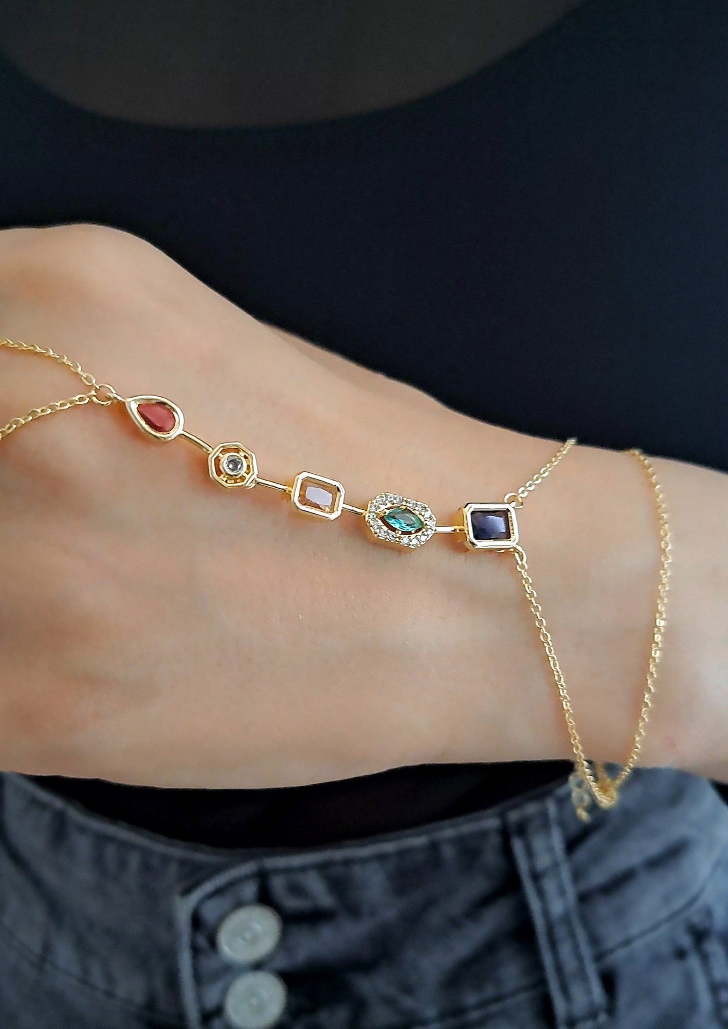 Gold Multicolor Gemstone Finger Chain Bracelet (shahmaran)