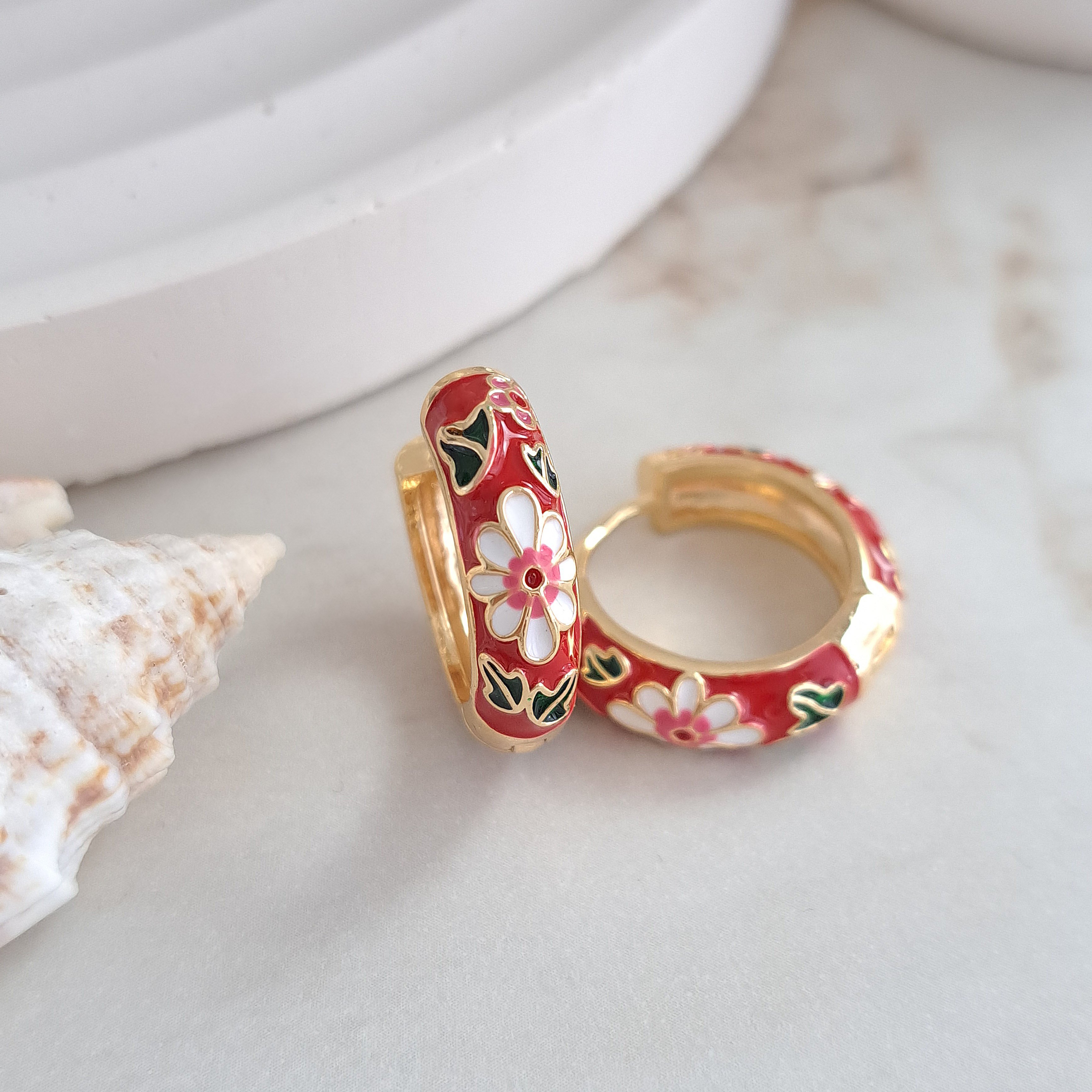 Enamel Floral Huggie Earrings – Red