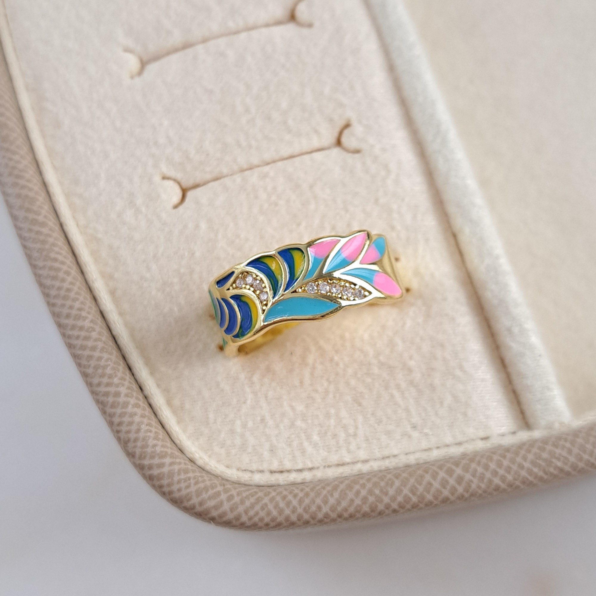 Enamel Ring with Pink & Blue Petal Design