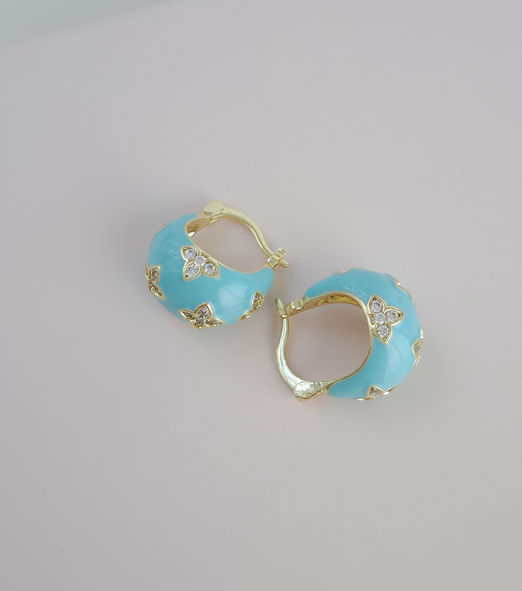 Blue Enamel Hoops with Gold Floral Motifs 