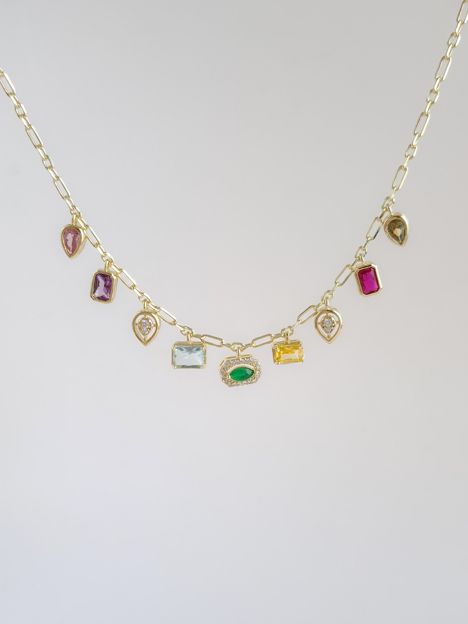 Multicolor Gem Charm Necklace – Gold Chain