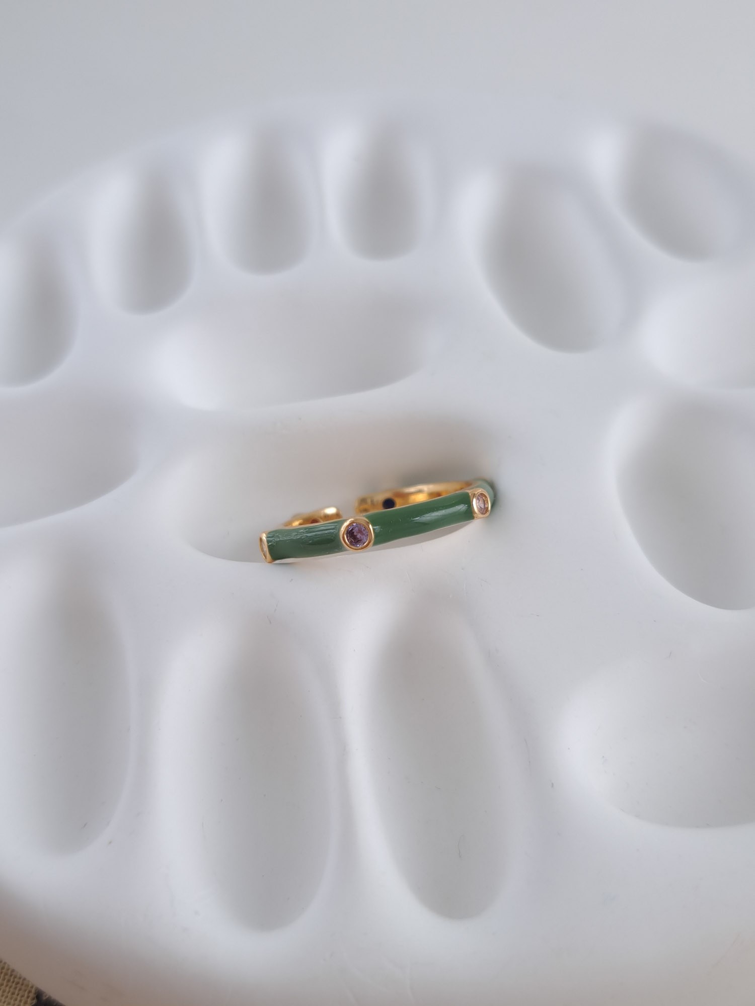 Green Enamel Ring with Colorful Stones