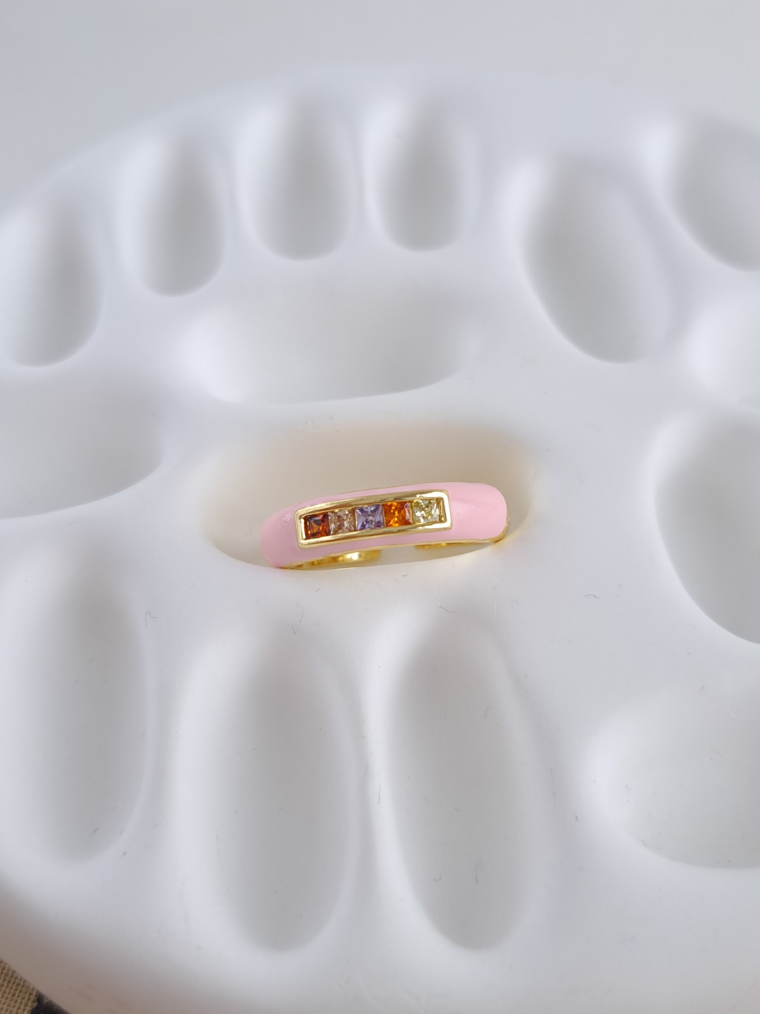 Pink Enamel Ring with Multicolor Stones