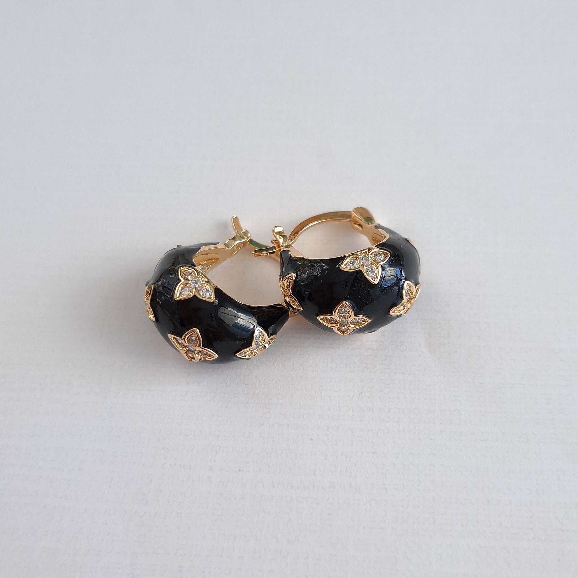  Black Enamel Hoops with Gold Floral Motifs 