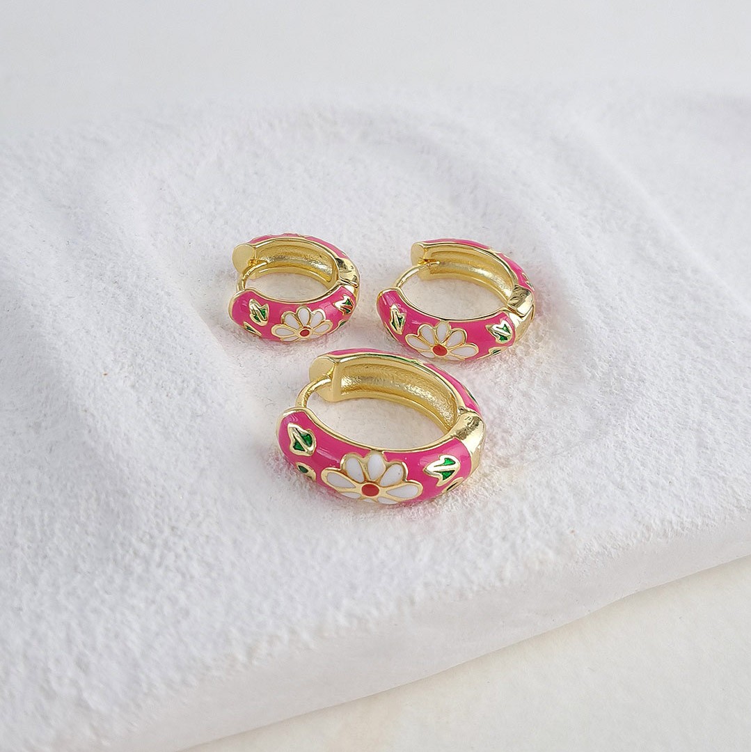Pink Enamel Triple Earrings – White Floral (3-piece Set)