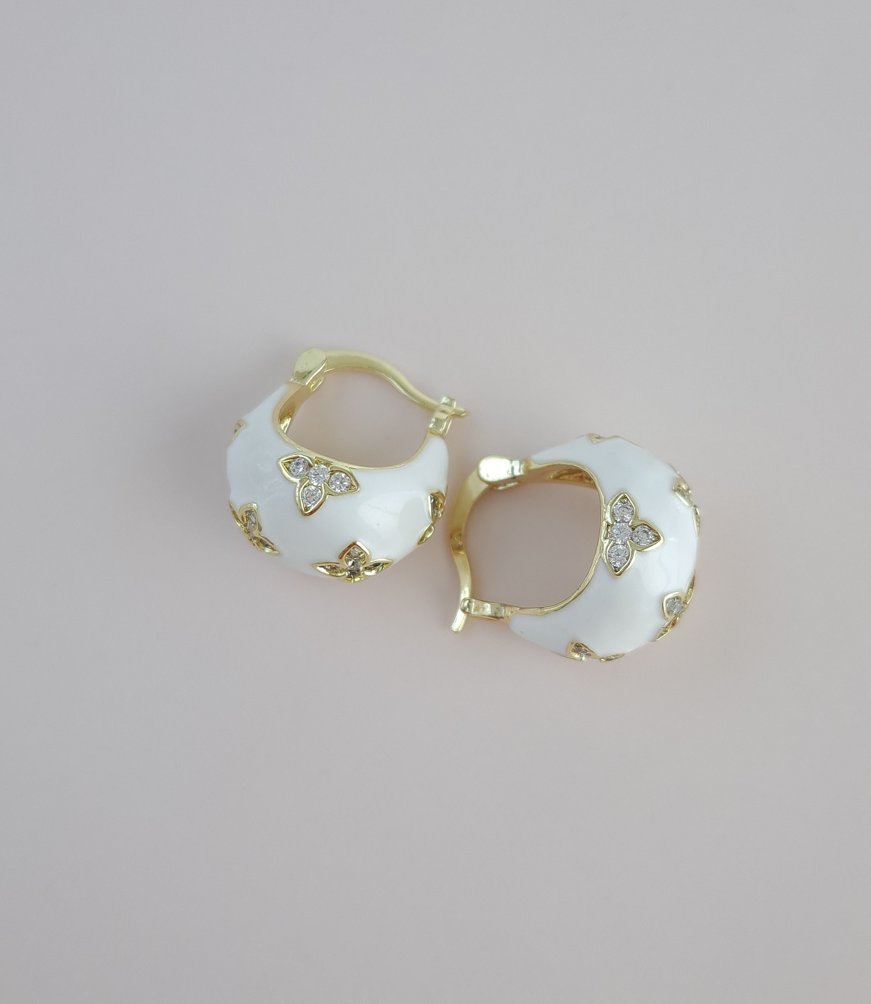 White Enamel Hoops with Gold Floral Motifs 