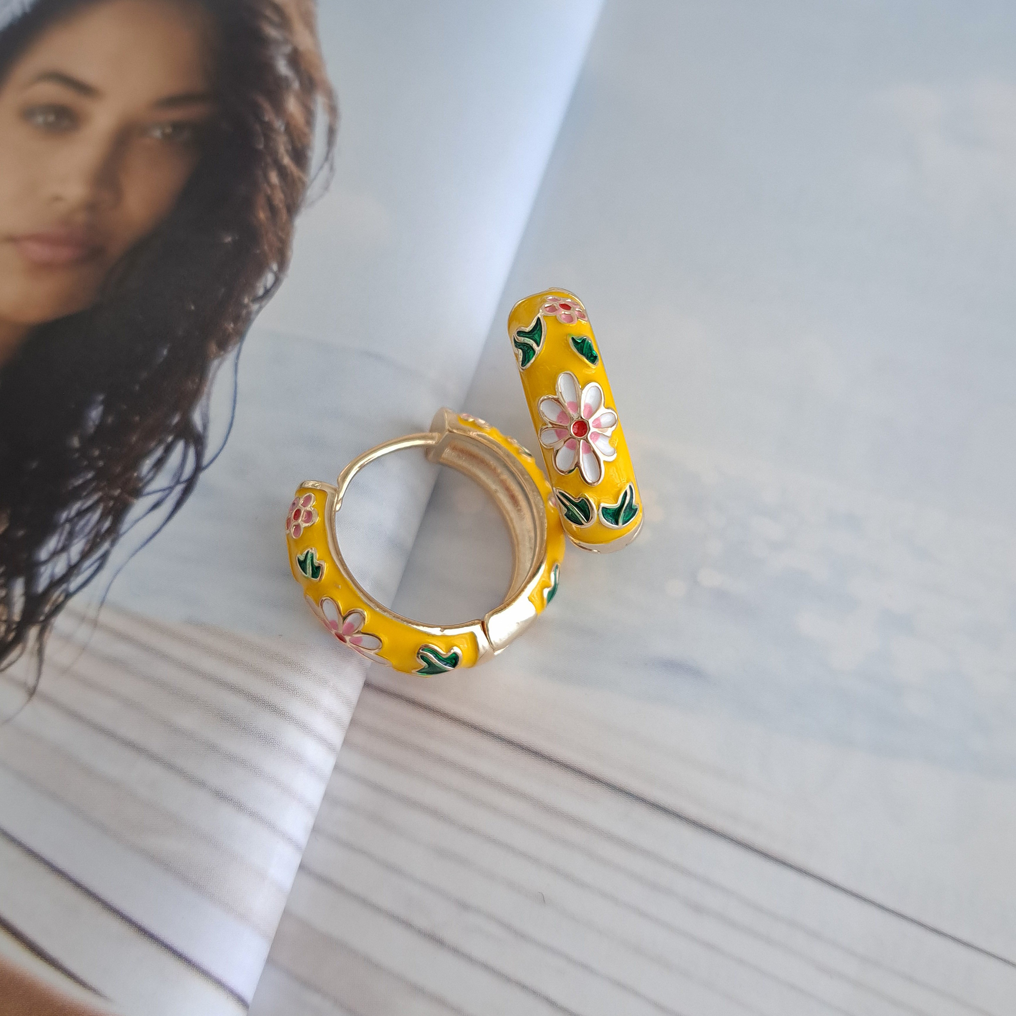 Enamel Floral Huggie Earrings – Yellow