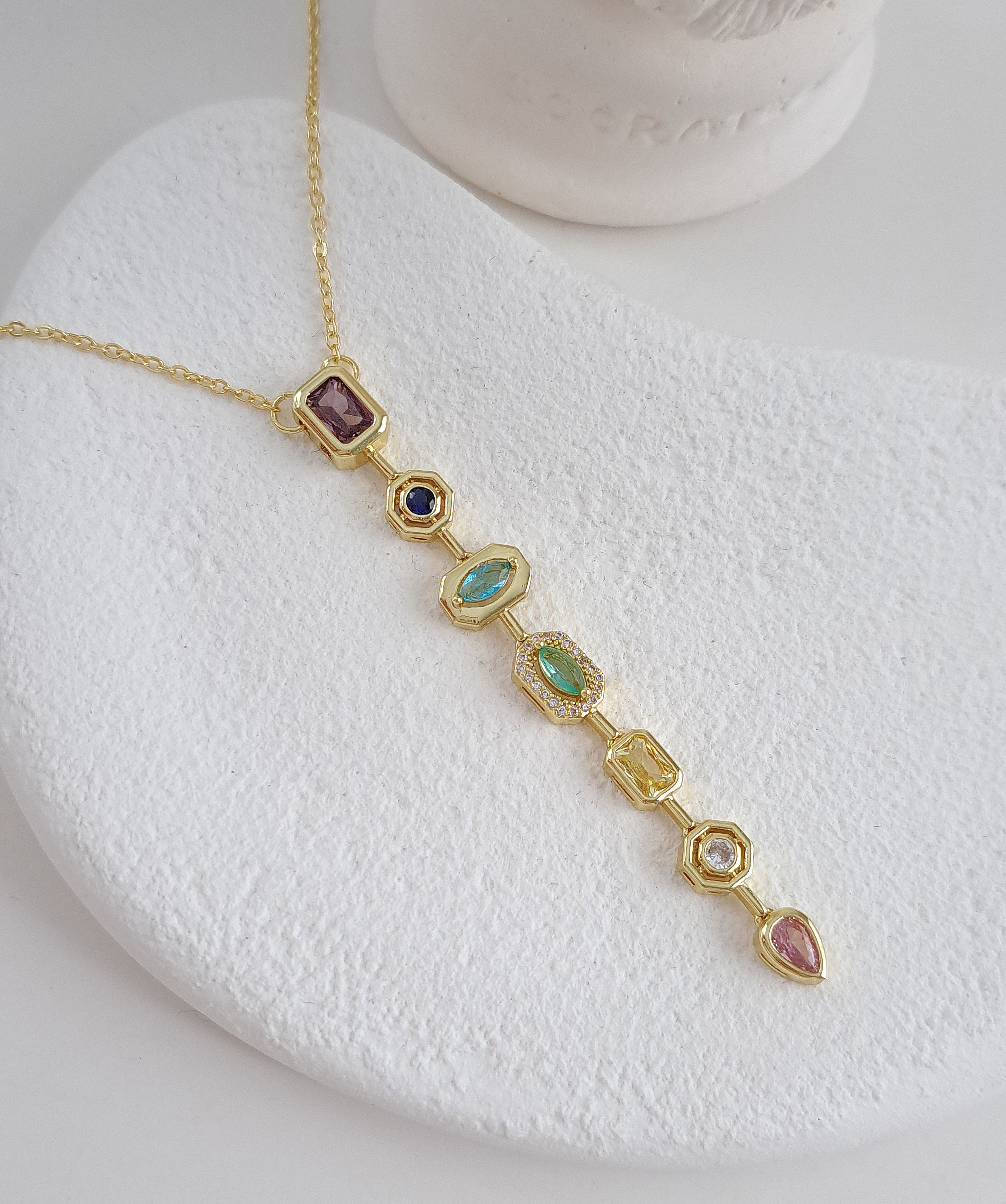 Gold Y Necklace with Multicolor Stones