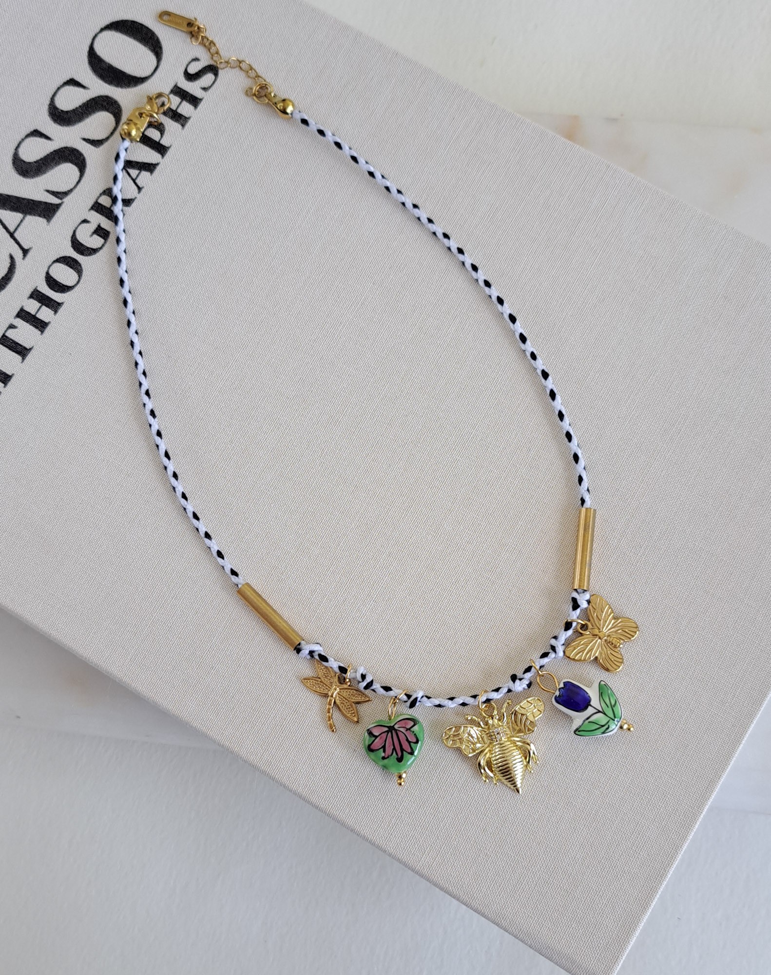 Cotton Necklace with Golden Butterflies