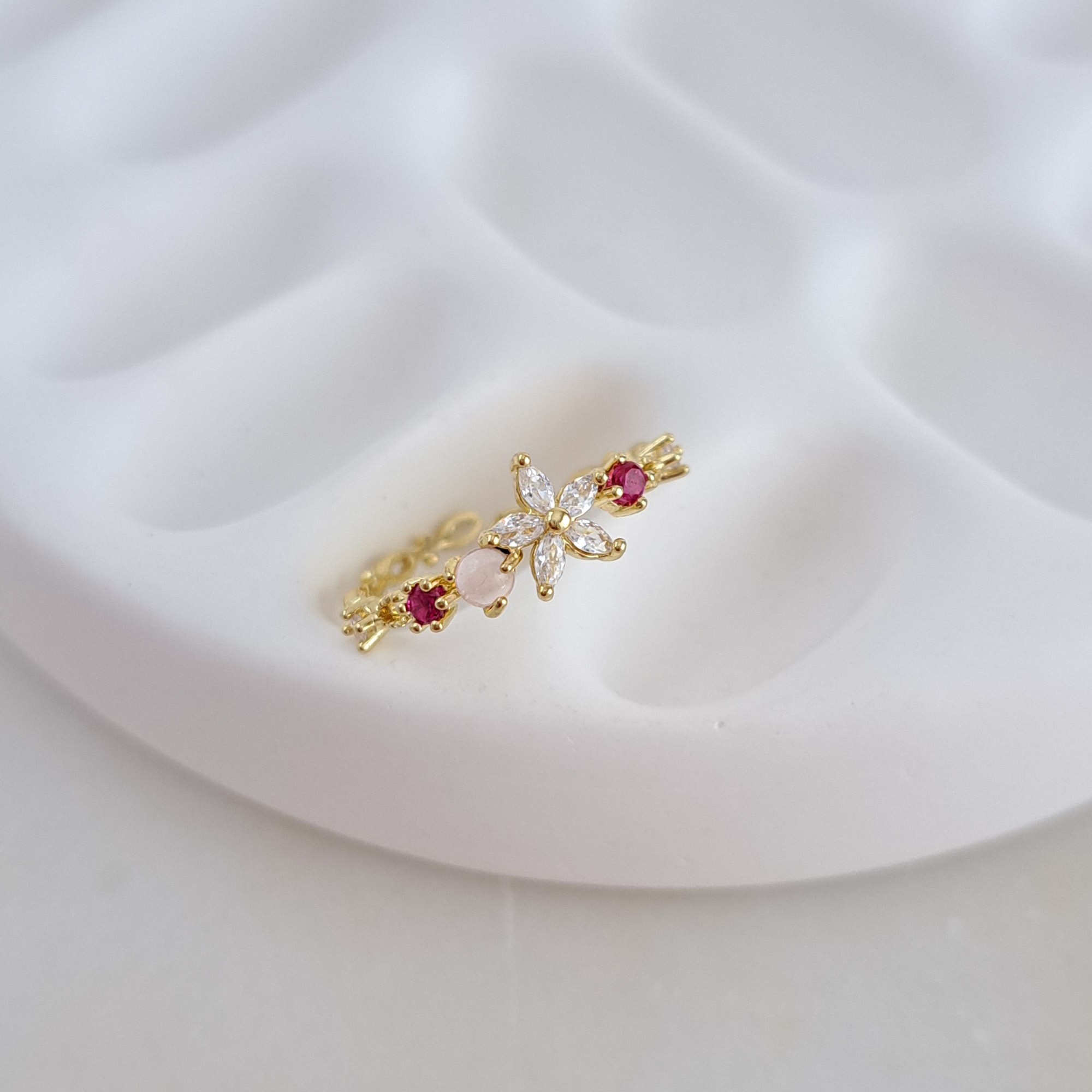 Five-Petal Flower Ring with Pink Dot