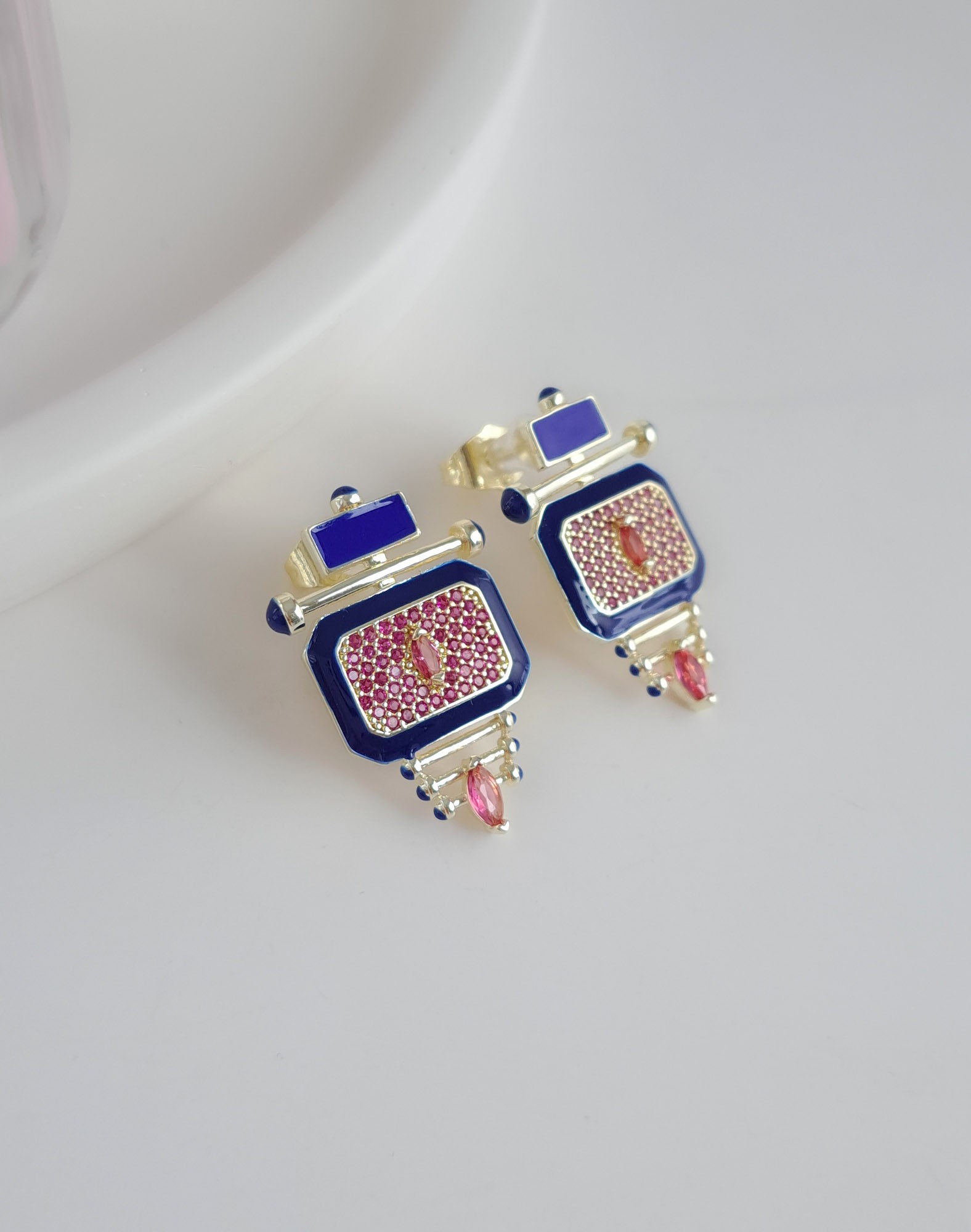 Navy Blue and pink Crystal Stud Earrings