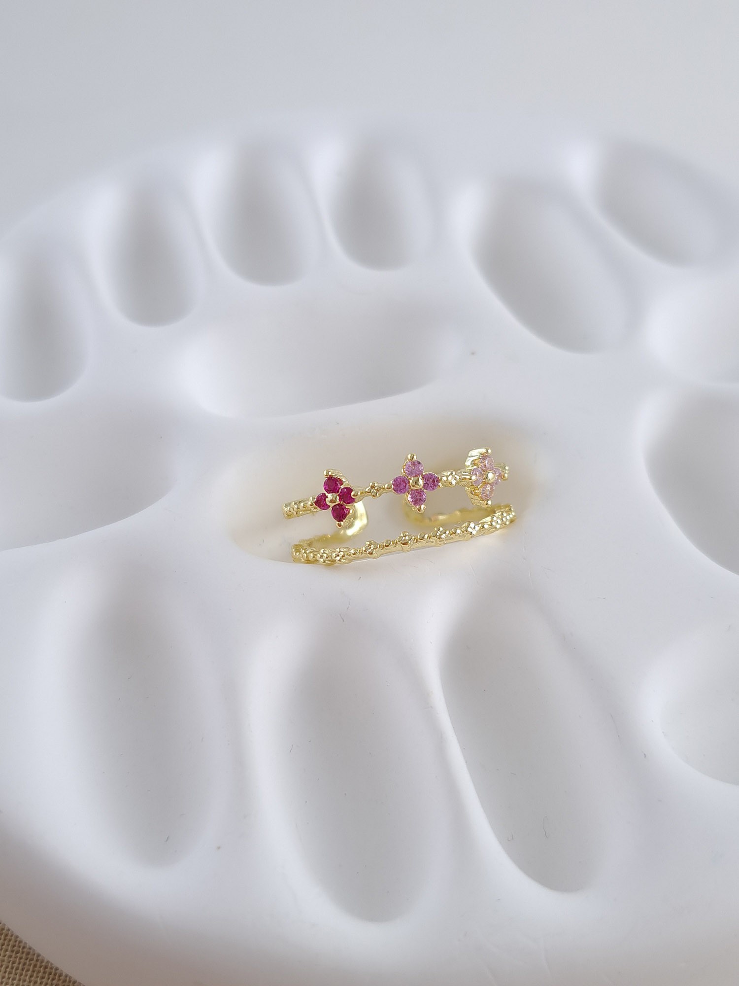 Double Line Floral Ring with Pink & Red Stones