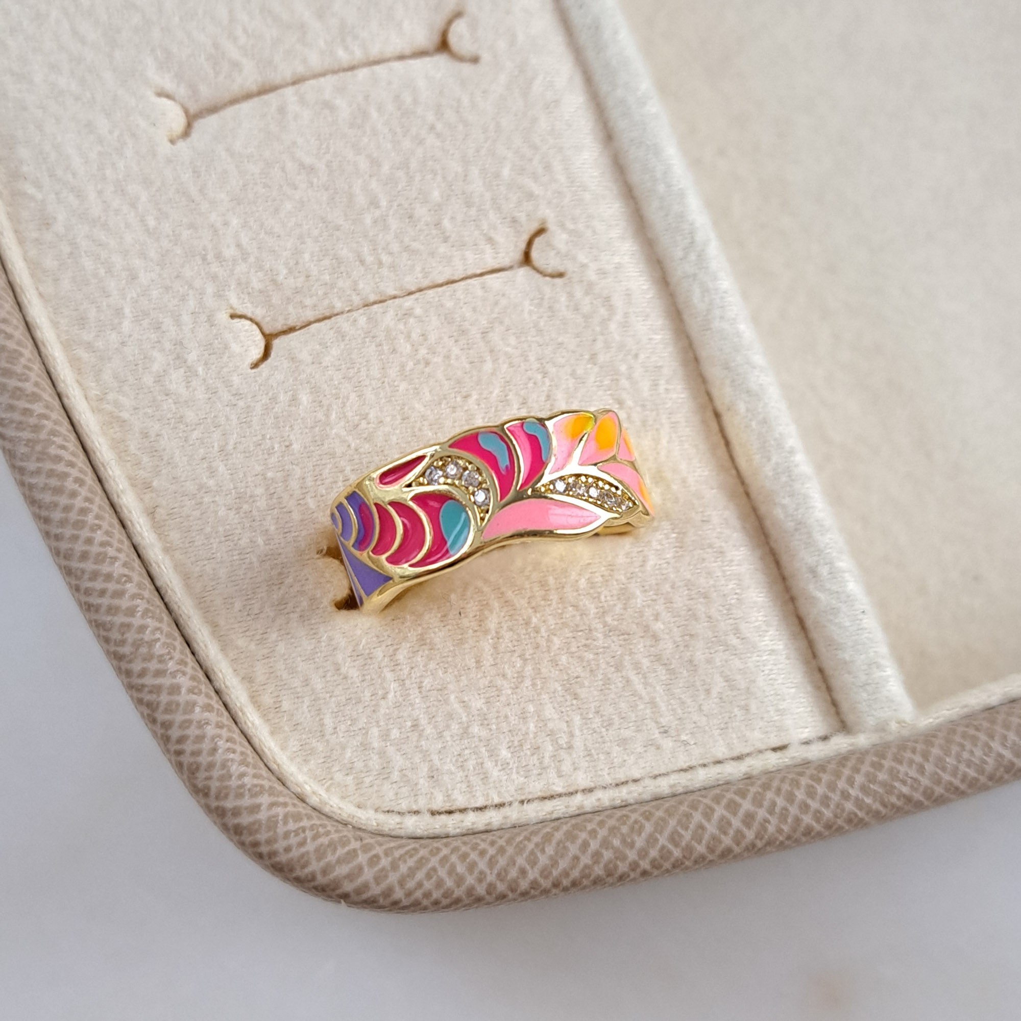 Enamel Ring with Orange & Pink Petal Design