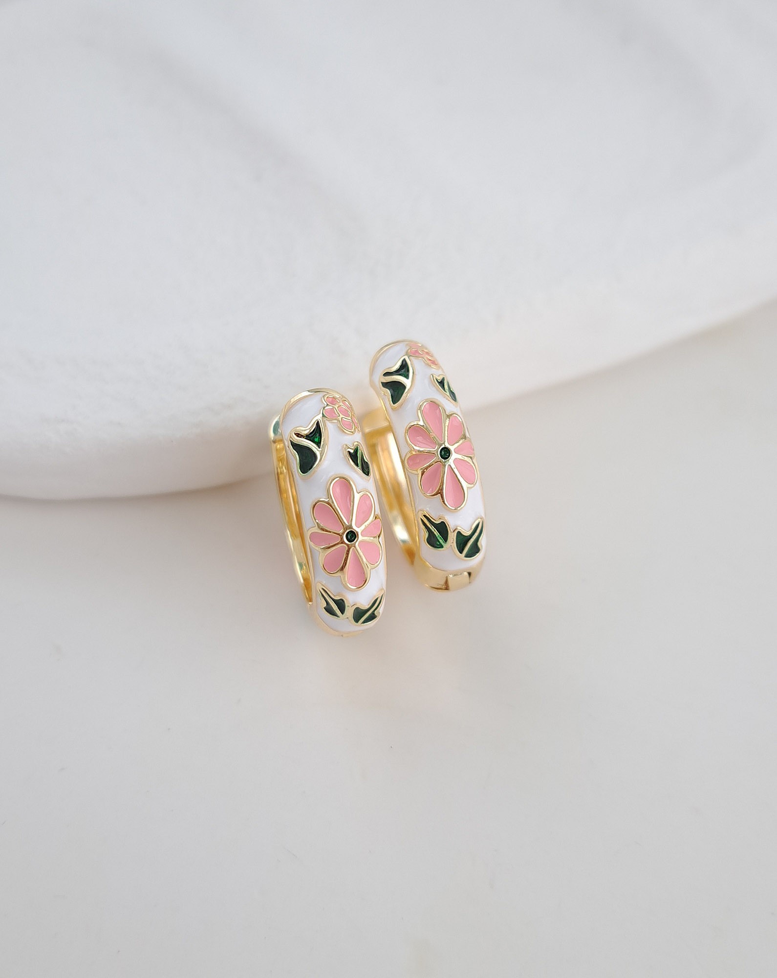 Enamel Floral Huggie Earrings – Pink
