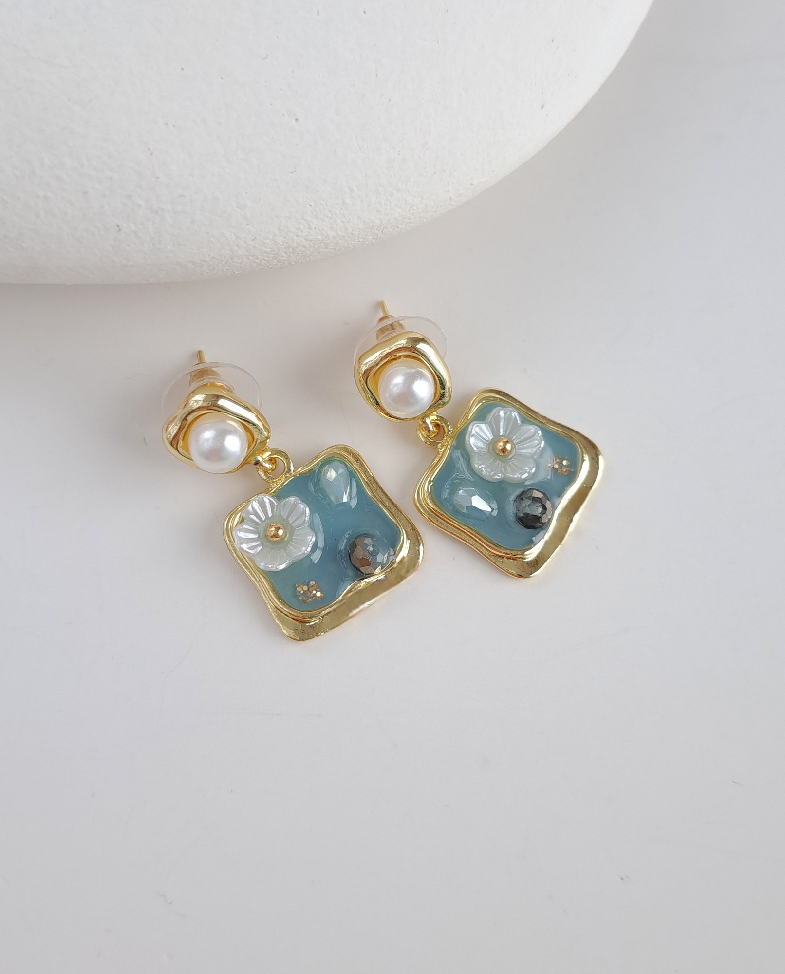 Blue Floral Pearl Drop Earrings