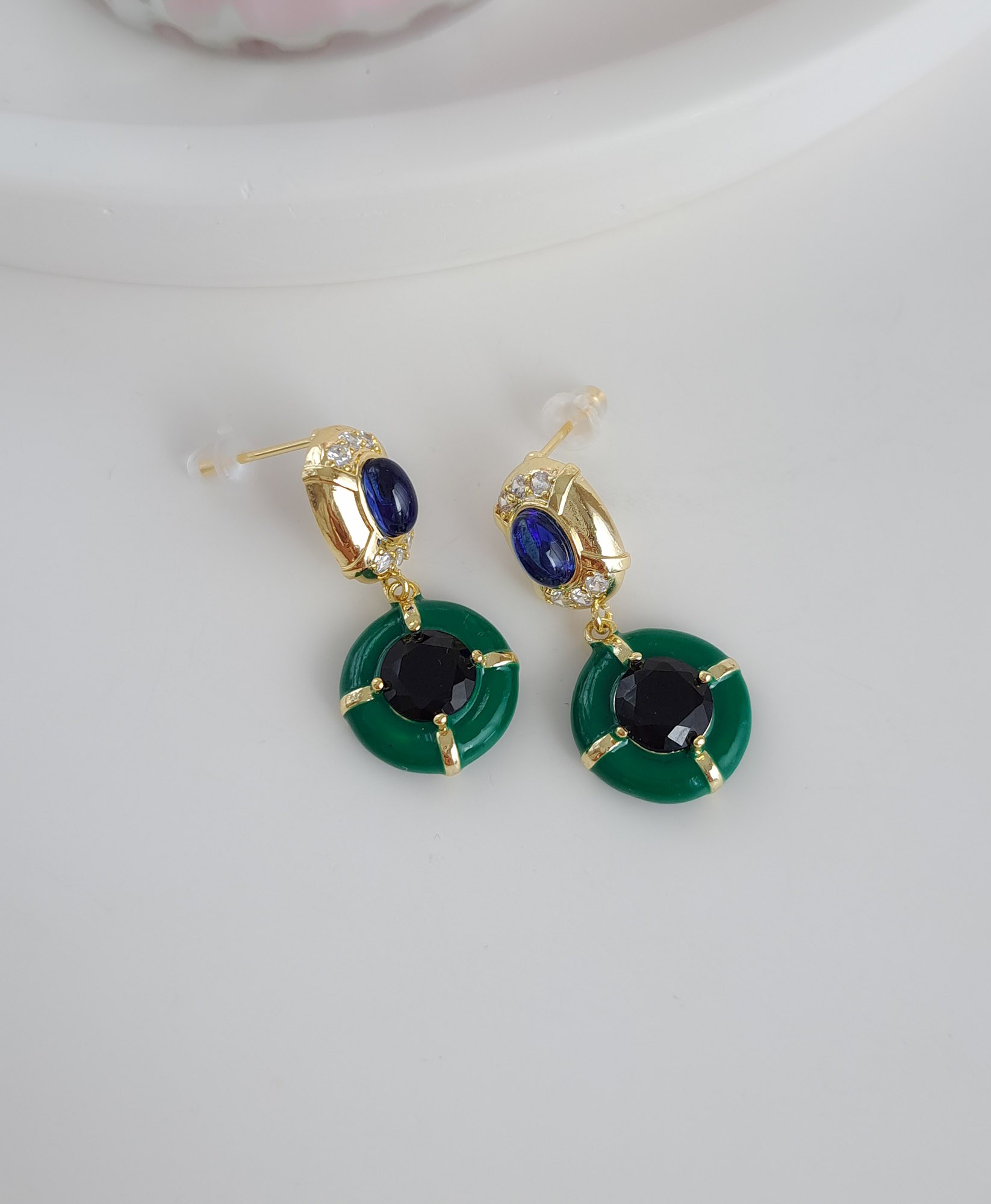 Bold Drop Earrings with Green, Black & Blue Stones
