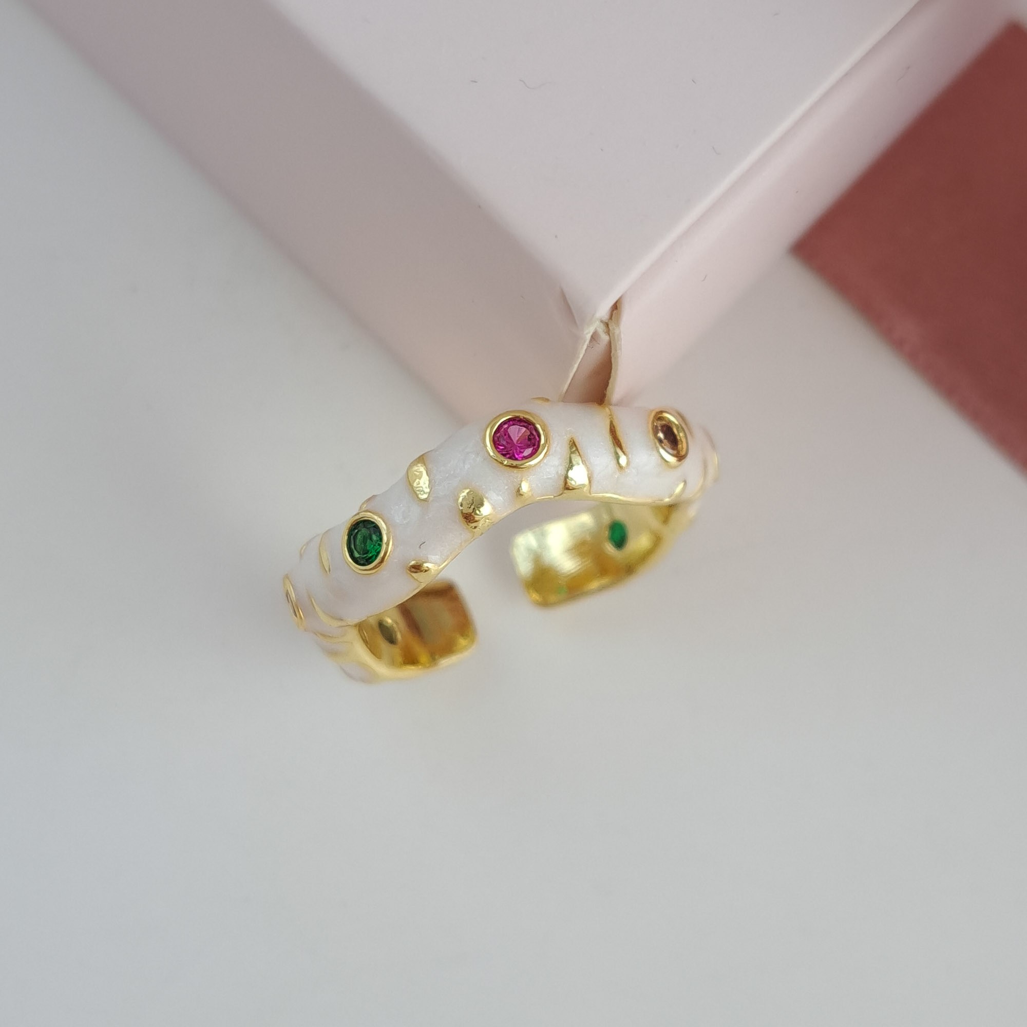 Bold White Enamel Ring with Colorful Stones 