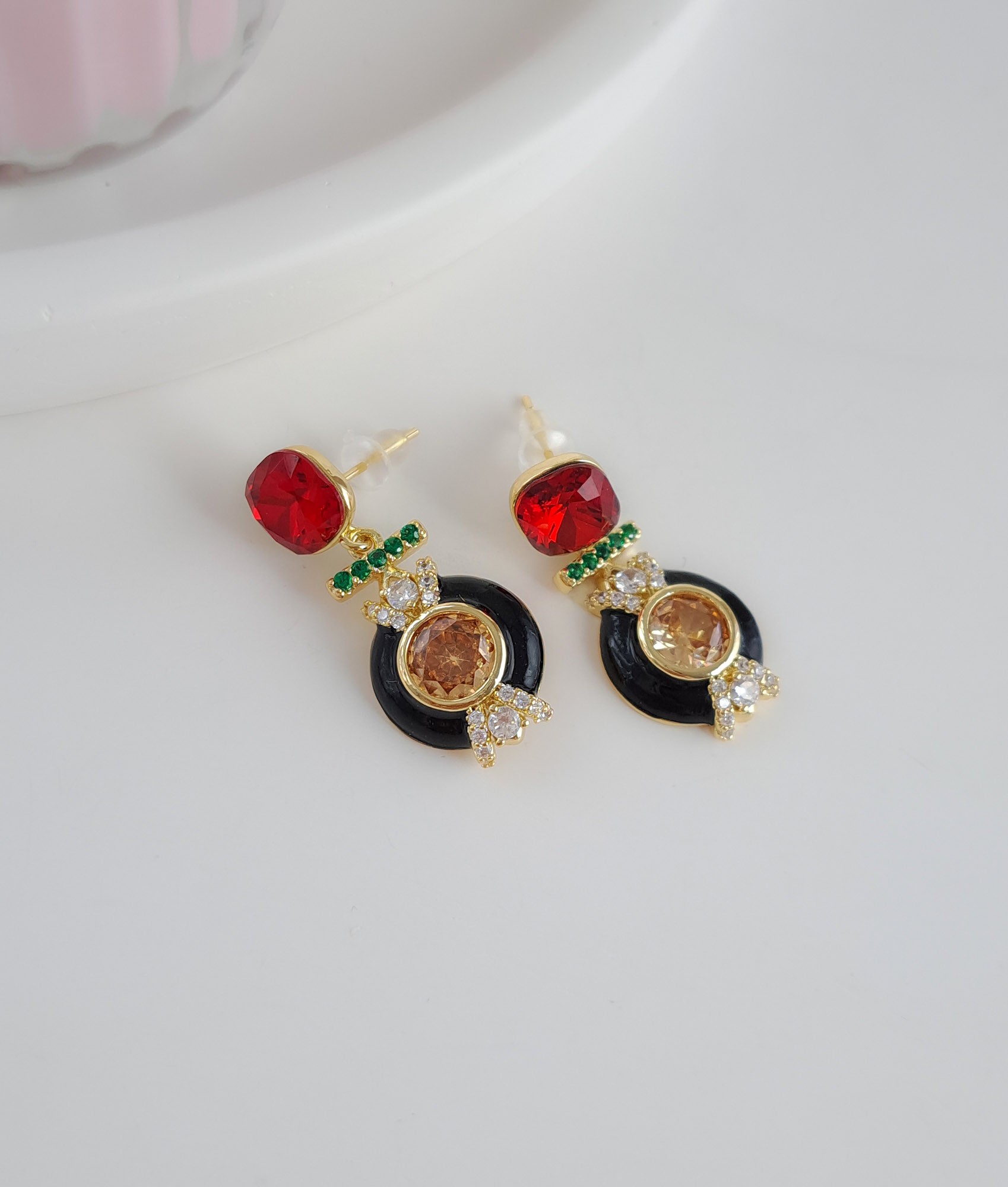 Red & Black Drop Earrings with Gold Accents