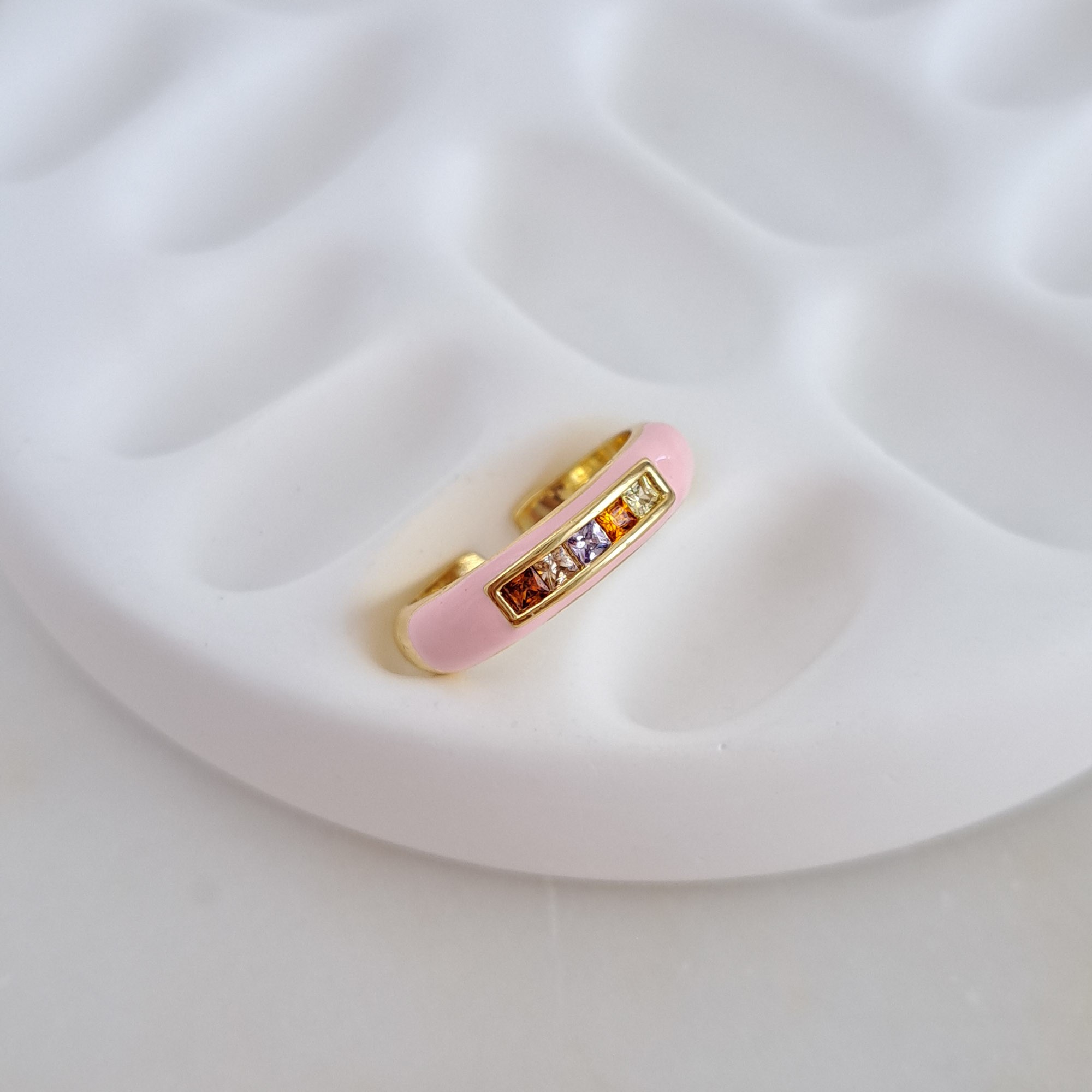 Pink Enamel Ring with Multi-Color Gemstones