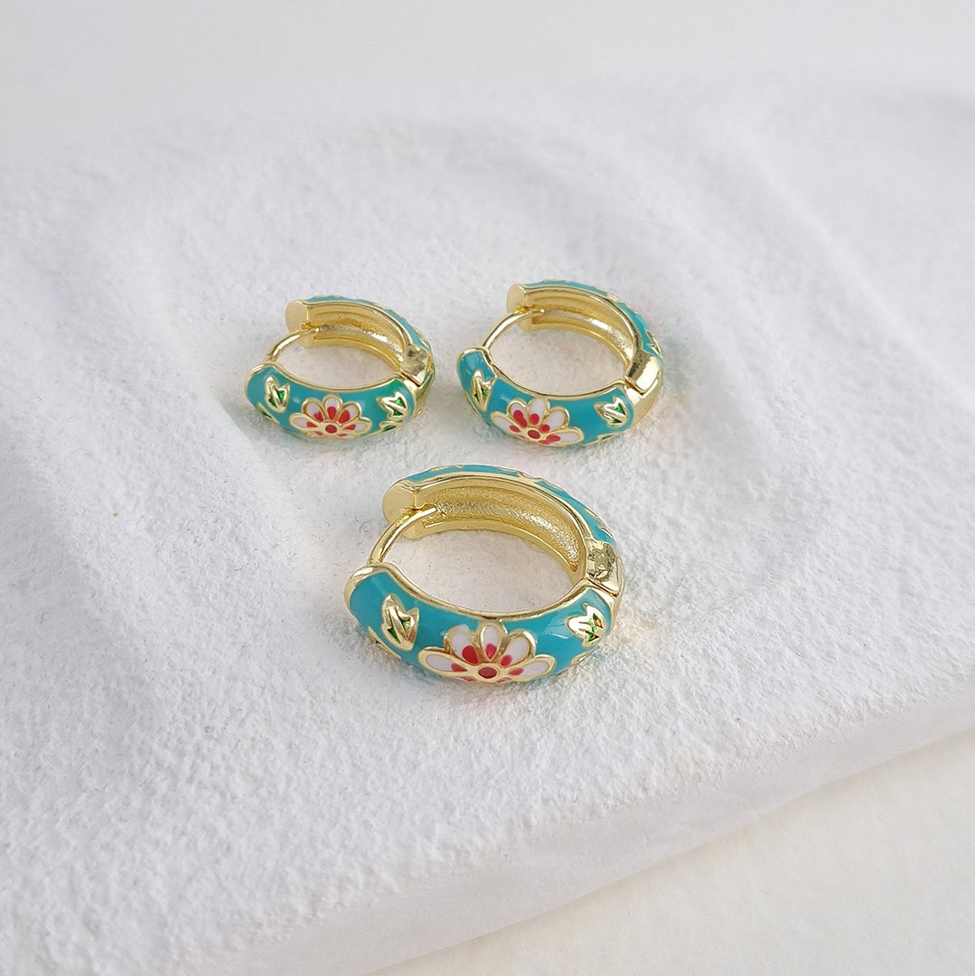 Blue Enamel Triple Earrings – White Floral (3-piece Set)